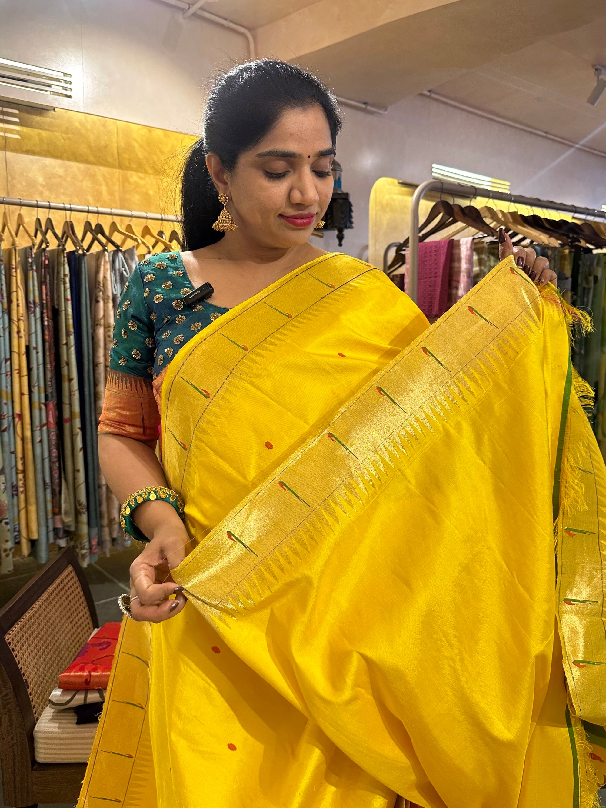 Mango Yellow half allover Pure Paithani saree