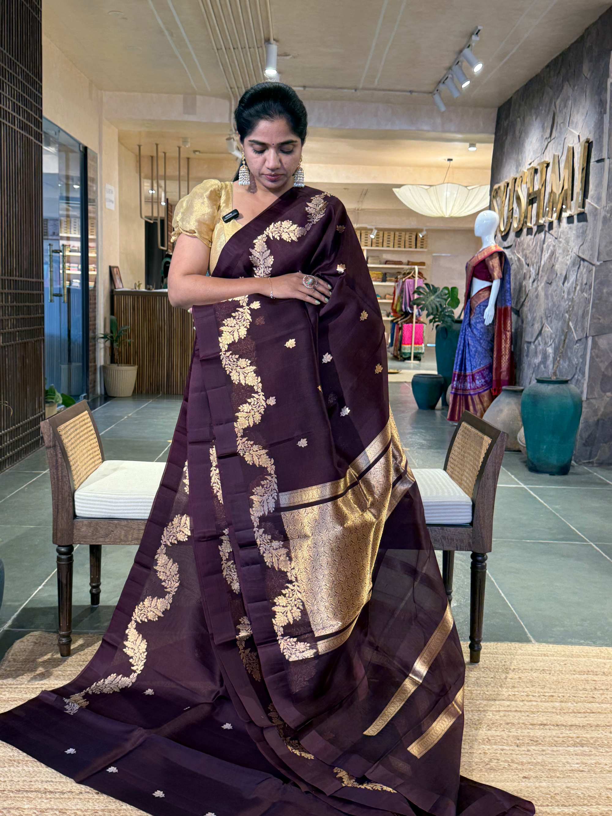 Winish Brown Banarasi Handloom Kora Silk Saree with kaduwa woven open  borders