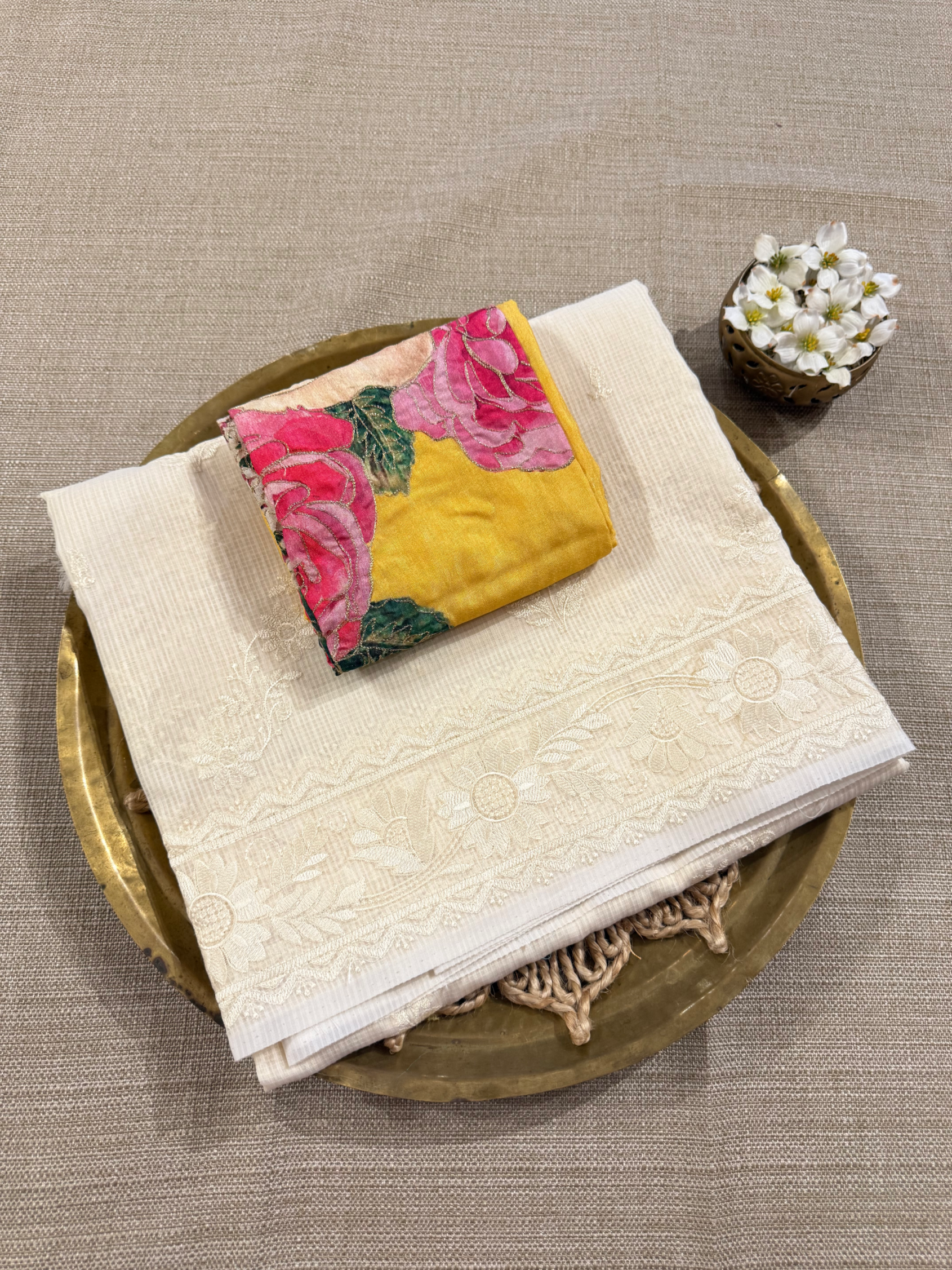 KCCA1912 : Kota Cotton Chikankari Embroidered Saree paired with Fusion Blouses