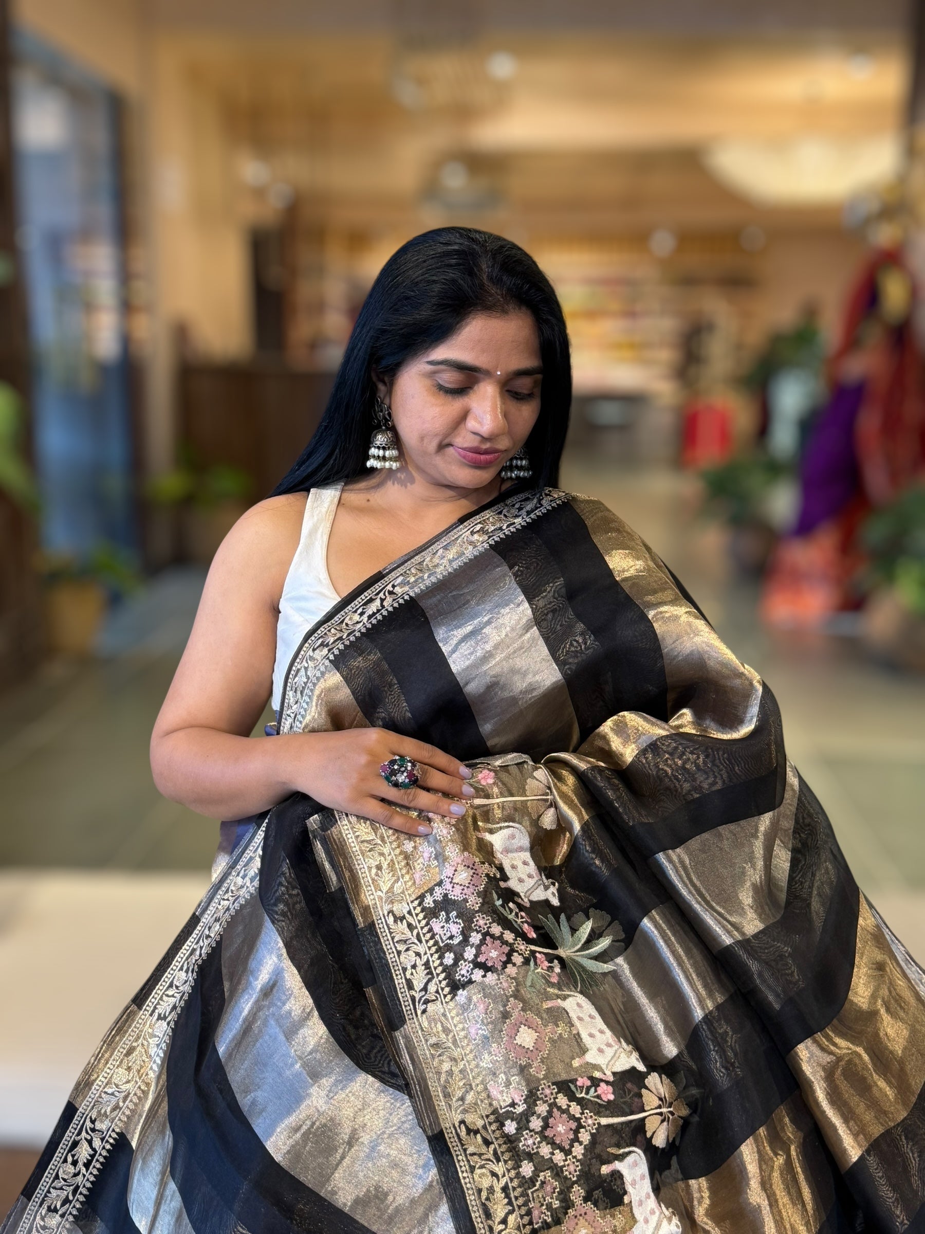 Black Kora Tissue Stripes Saree With Jamdani  & Pichwai embroidered Border