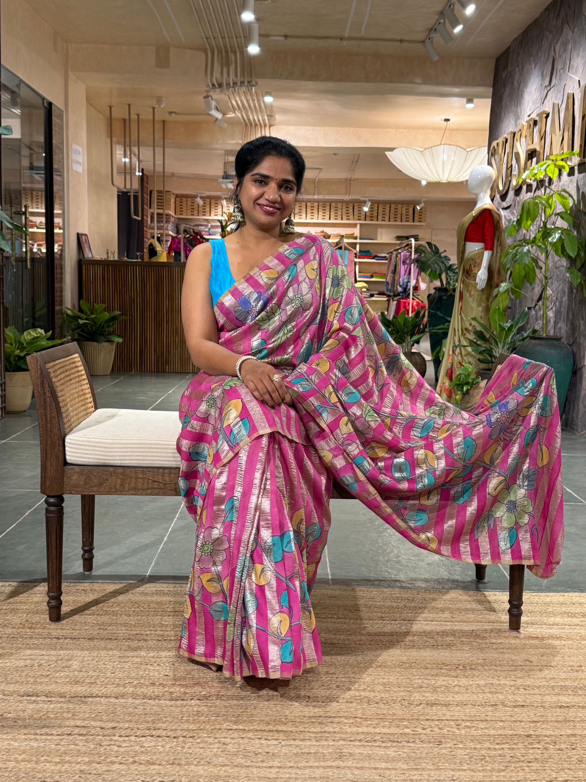 SMTKM1710 Pure Handloom Munga Silk Wth Tissue Stripes & kalamkari Handpainting