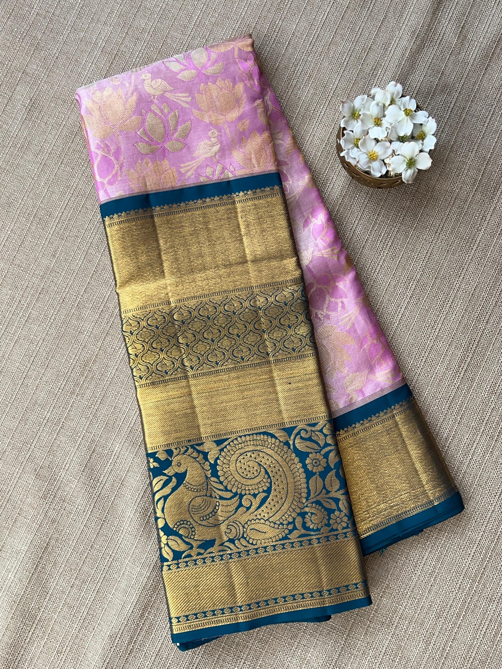 Lotus Pink & Peacock Blue Combo Pure Kanchi Tissue allover Brocade Saree