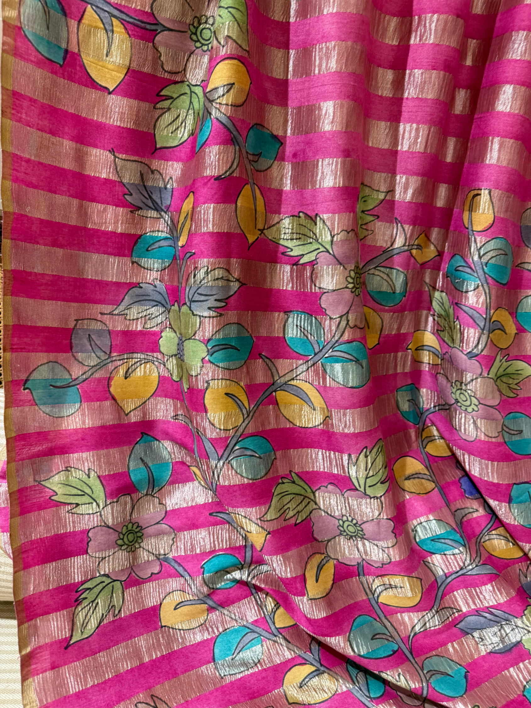 SMTKM1710 Pure Handloom Munga Silk Wth Tissue Stripes & kalamkari Handpainting