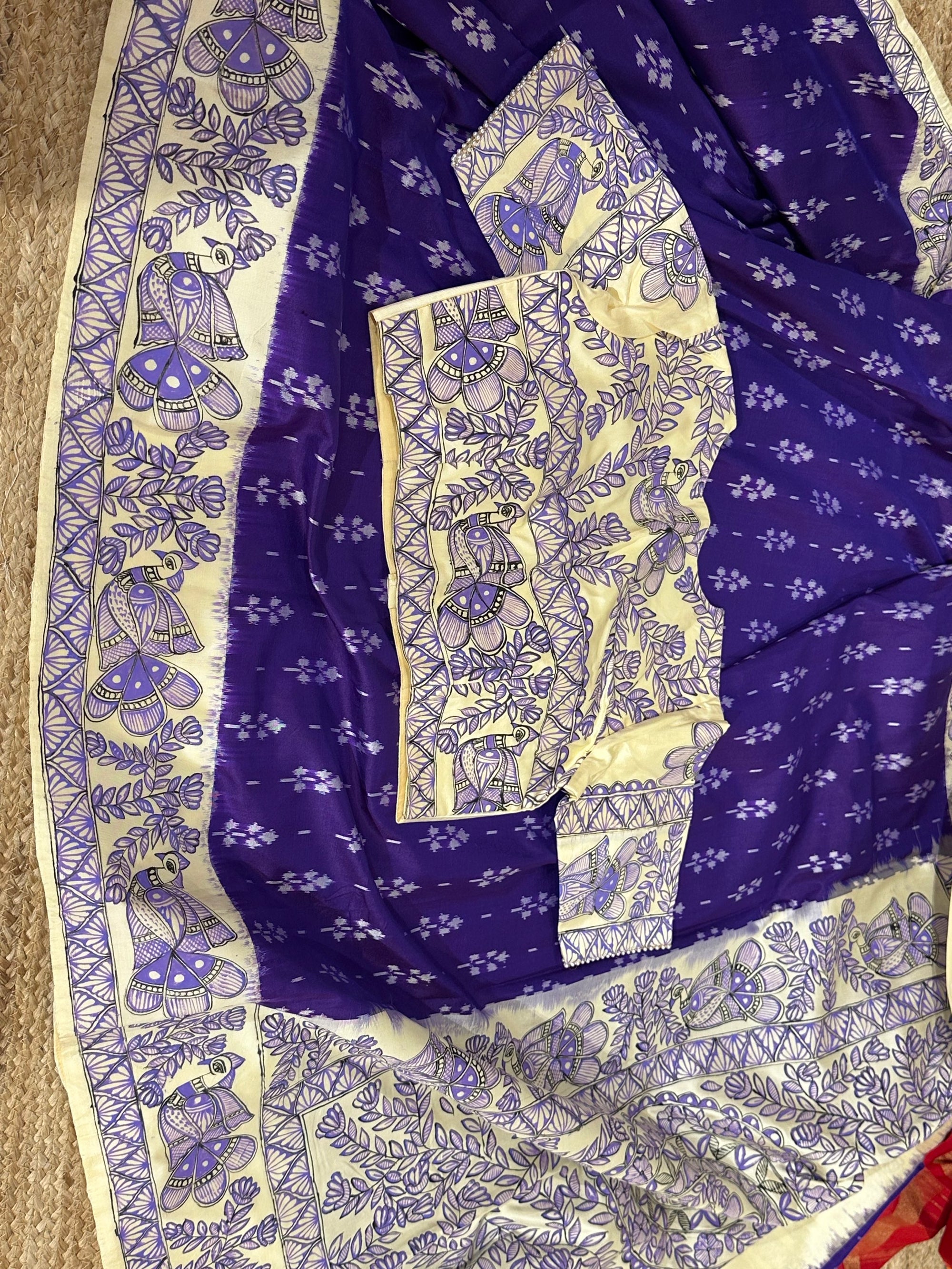 VioltPatola with Madhubhani handpainted border pallu and Blouse fed