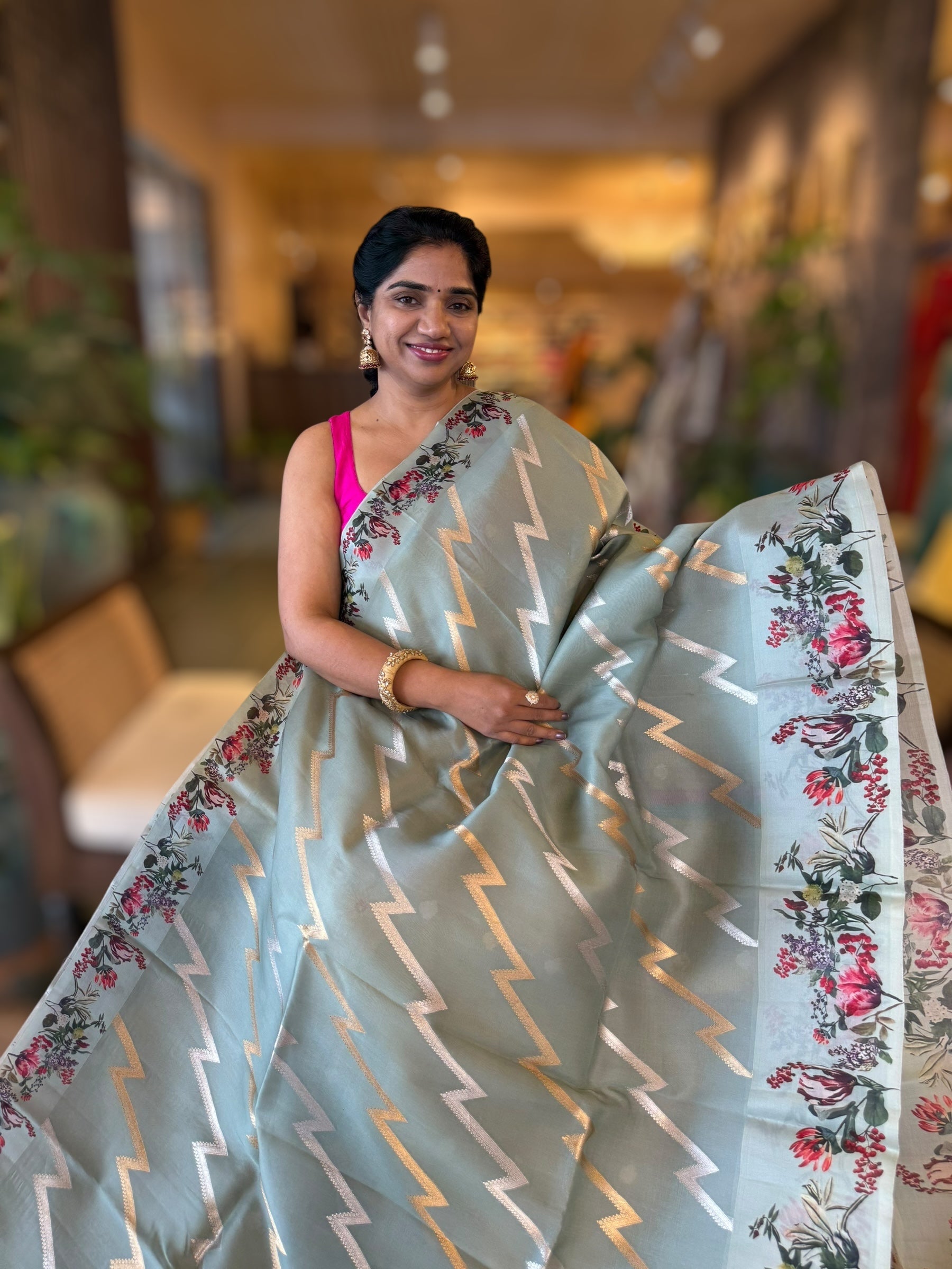 Greyish Blue Designer Premium Handloom Kora Banarasi with Printed Borders