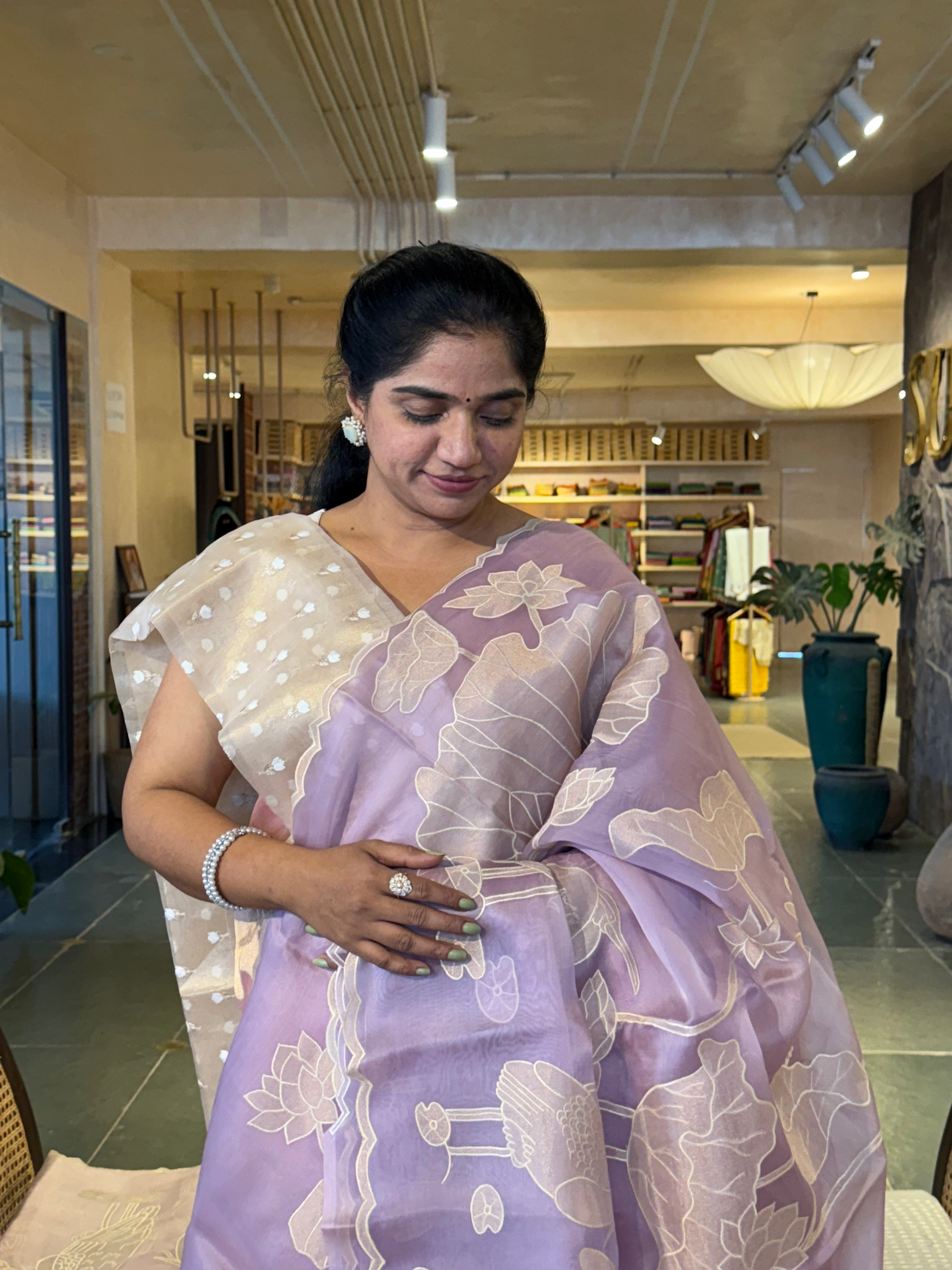 Lilac Pure Organza Designer Saree with Allover Tissue Applique Embroidery