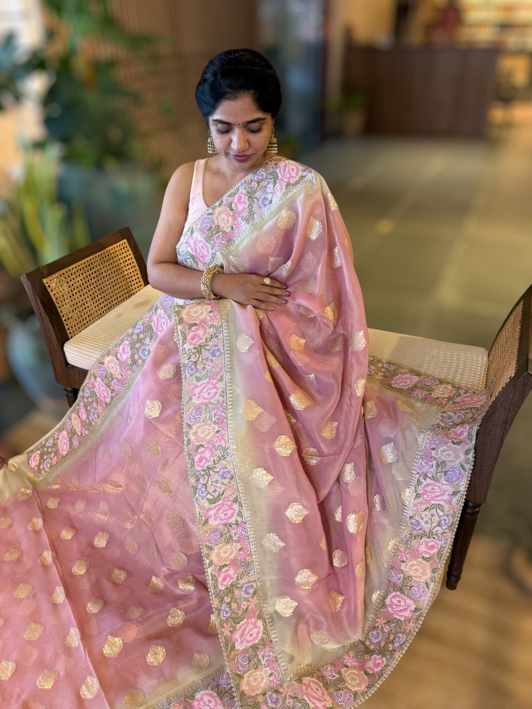 Pastel Pink Banarasi Tissue Gorgette Saree Wth Petite Point Border