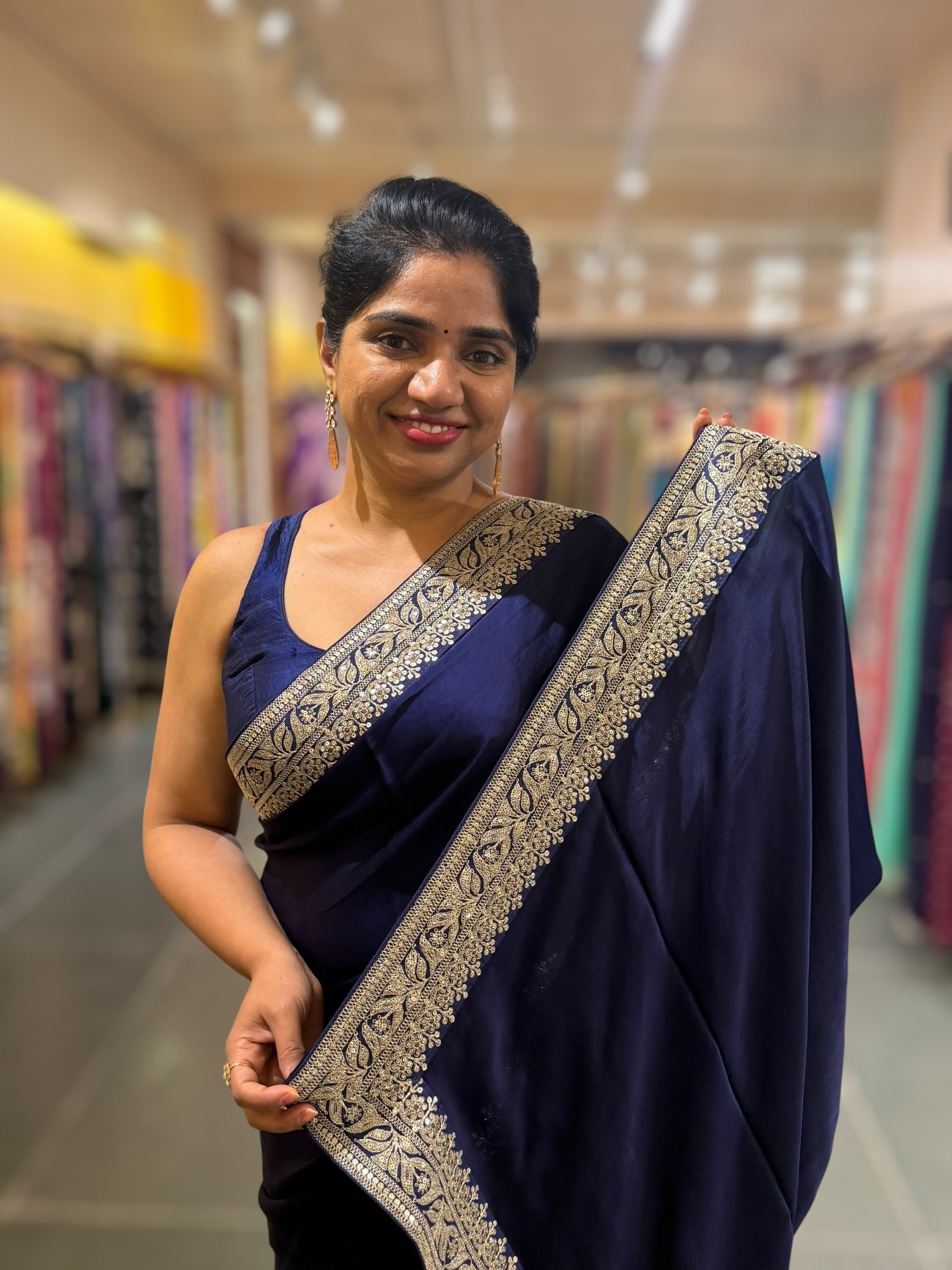 Midnight Blue Pure Satin Silk Saree With Sabhya Borders & Allover Emb Blouse