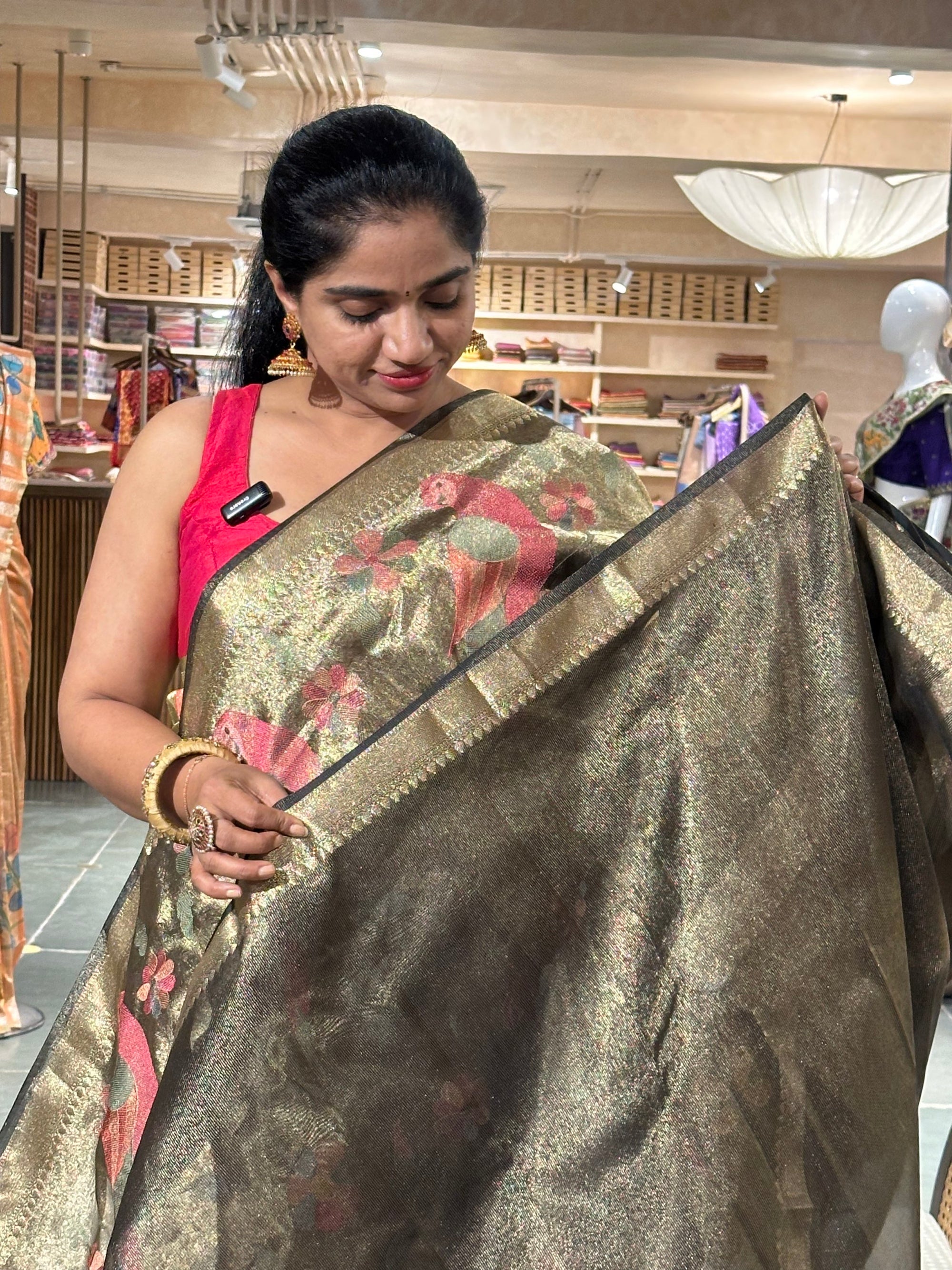 Banarasi tissue saree with pythani inspired parrot and floral embroidery