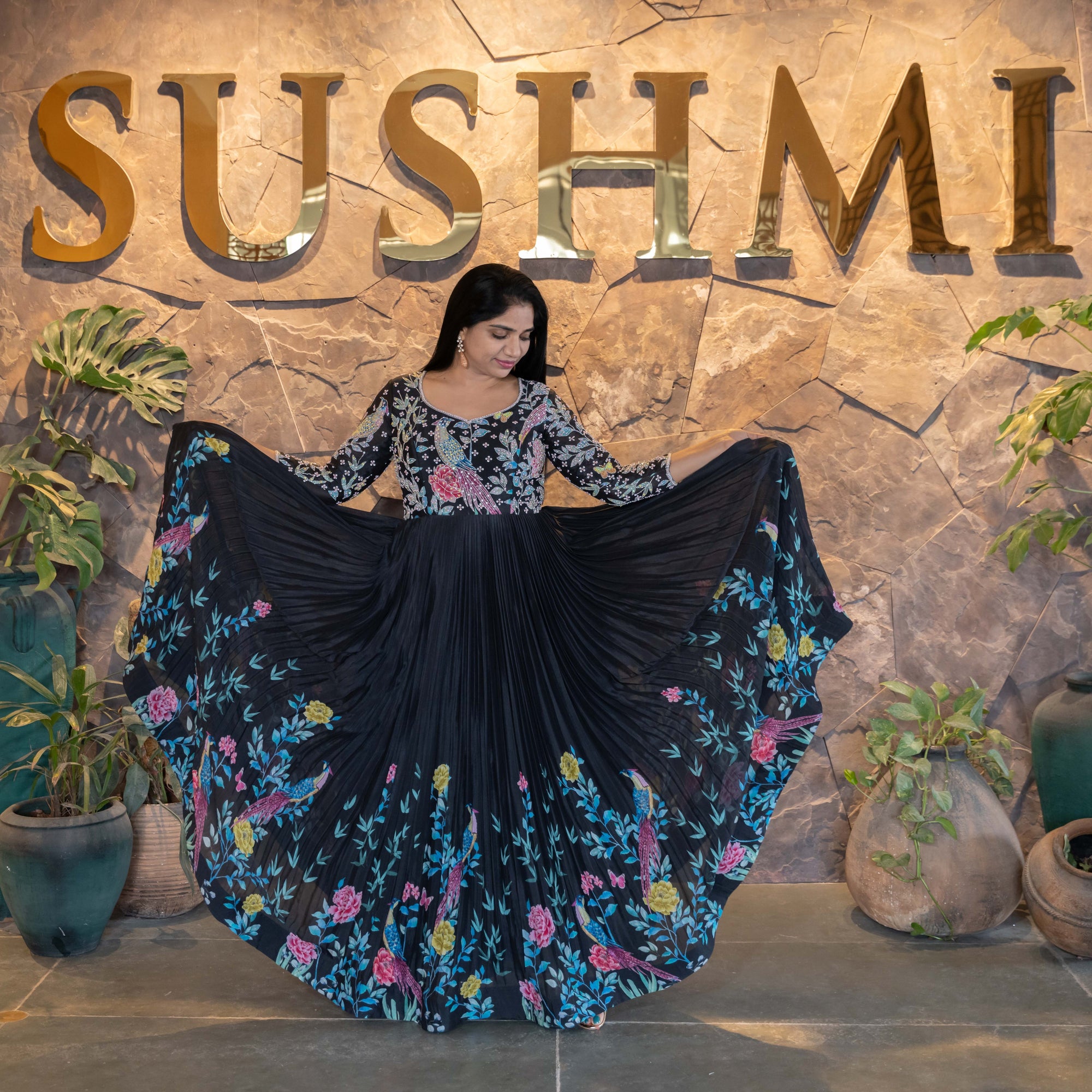 Pure Chinnon Printed Long Frock with handwork yoke