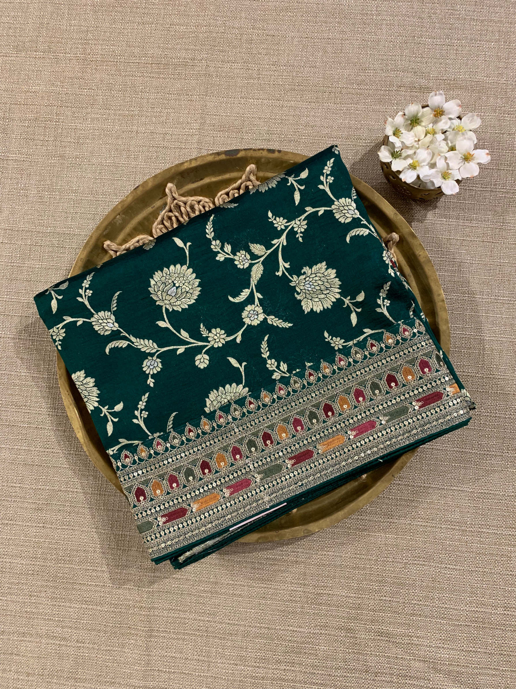 Forest Green Pure Handloom Banarasi Silk Saree With Sabhyasachi Borders & Blouse