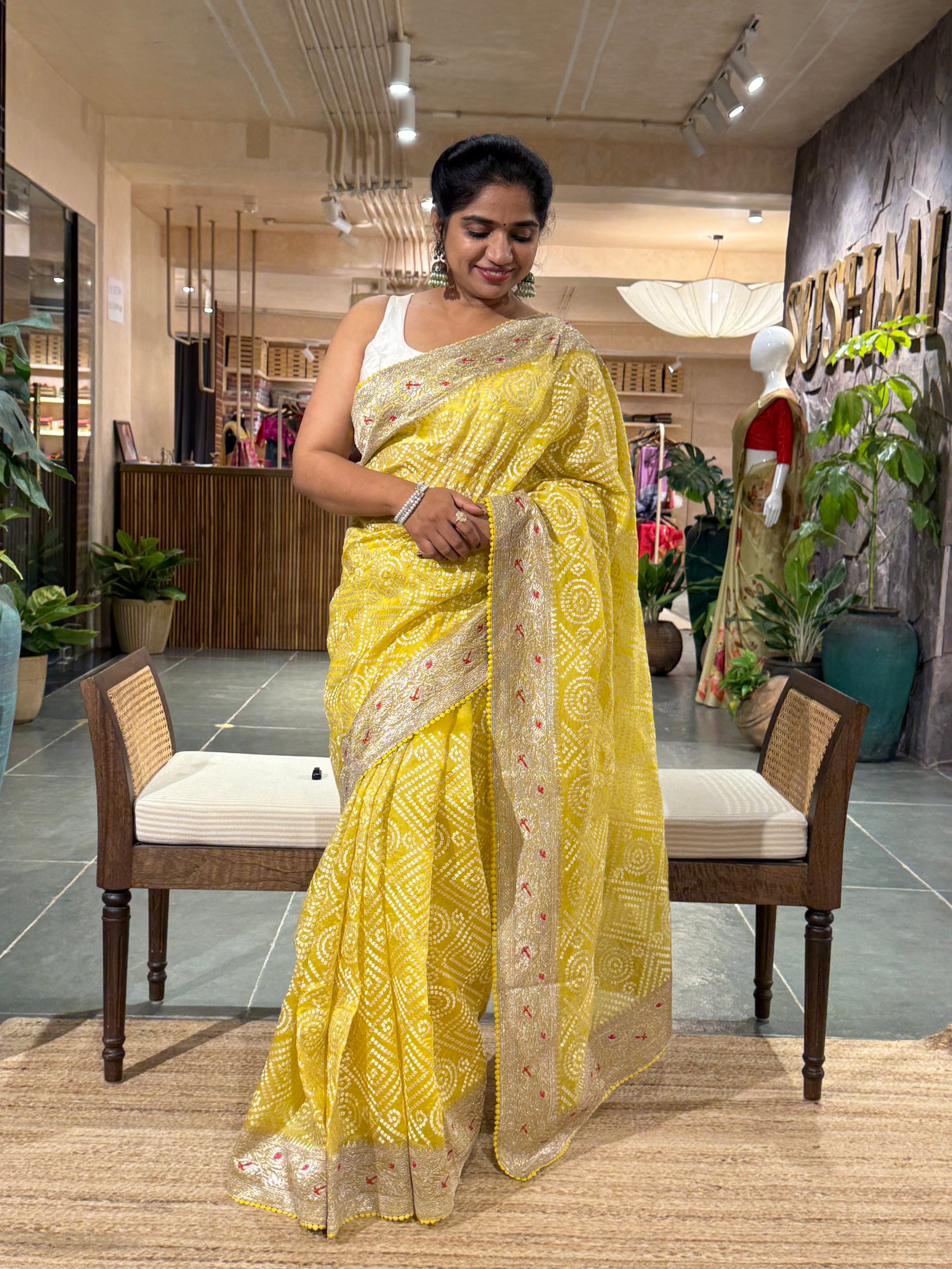 SOBBM171: Lemon Yellow Organza Banarasi with Bandhini Look Allover Embroidery
