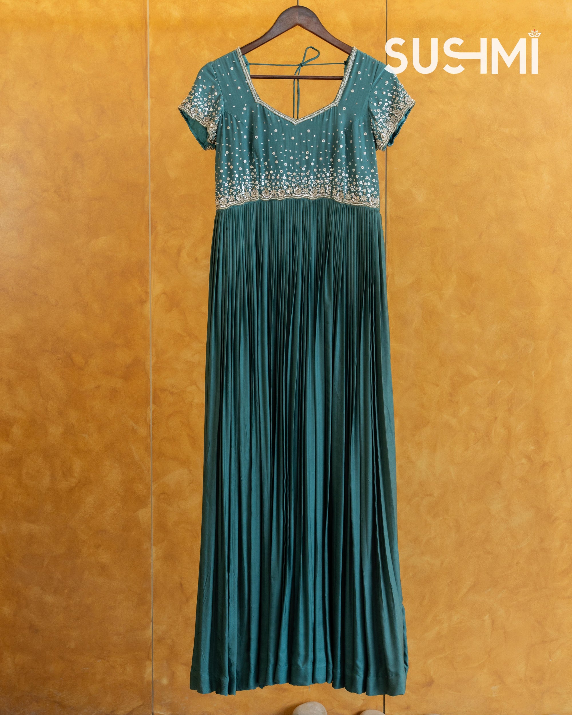 Peacock Blue Modal Satin Silk Long Frock with handwork yoke