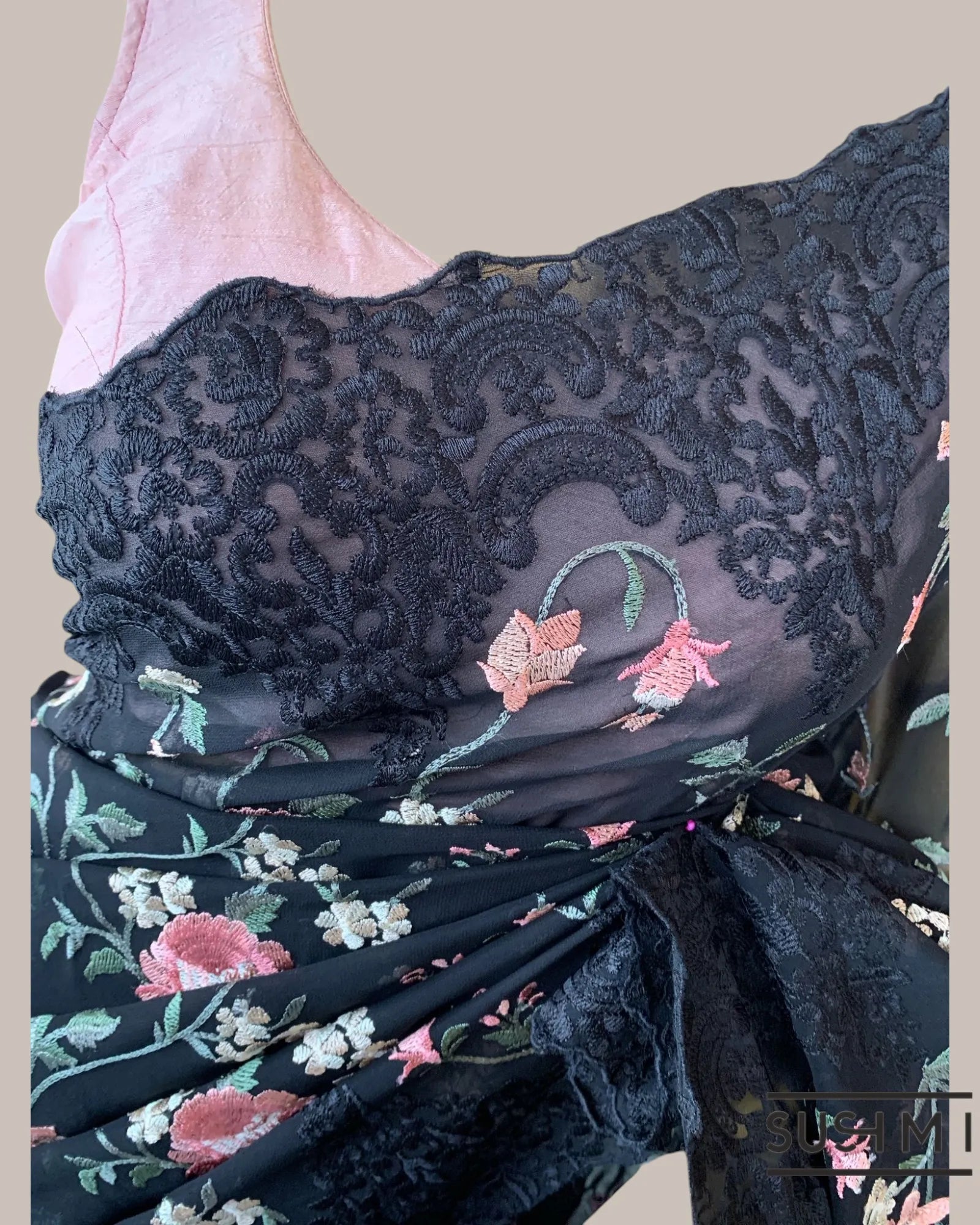 Black Pure Gorgette Saree With Petite Point Style Allover Embroidery   Original