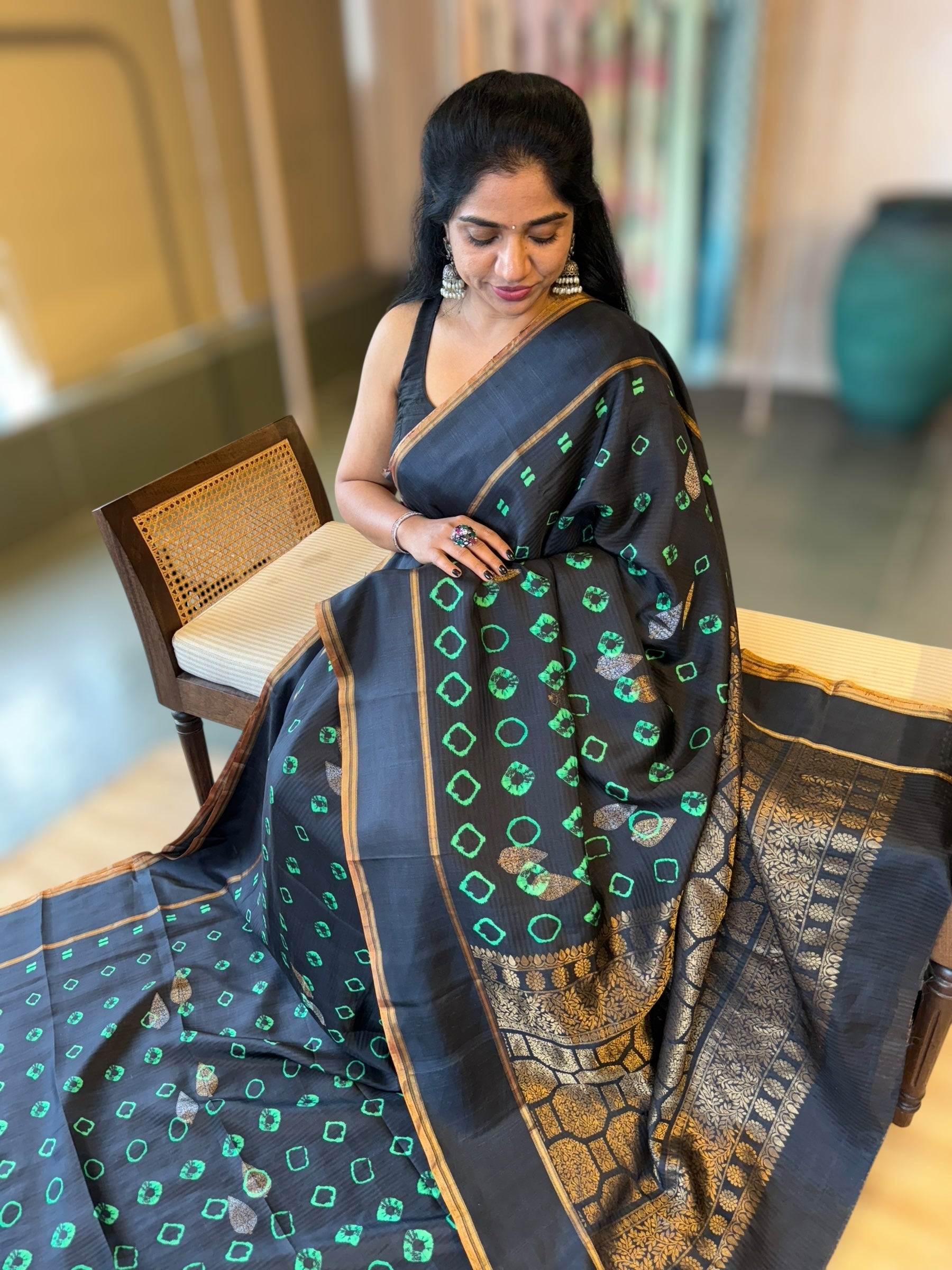 Black Kanchi Soft Silk Saree with Bandhini Print