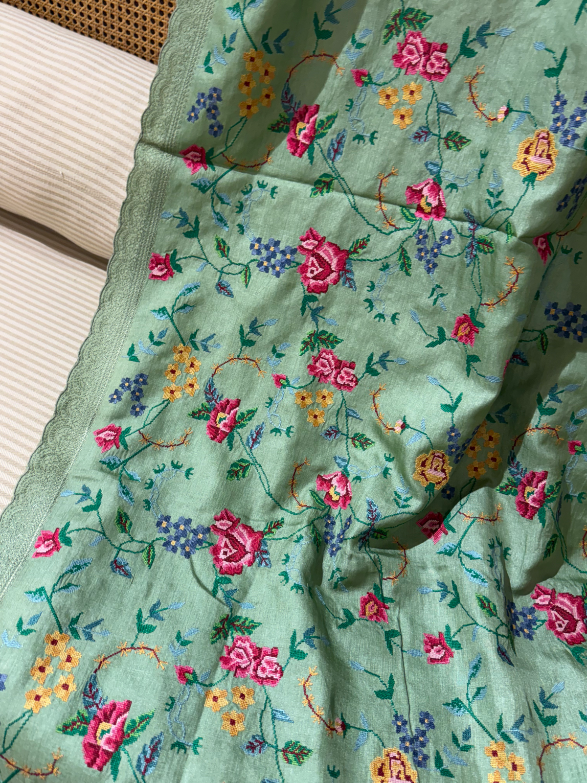 STPPA206 : Sage Green Pure Tussar Saree With Allover Petite Point Embroidery