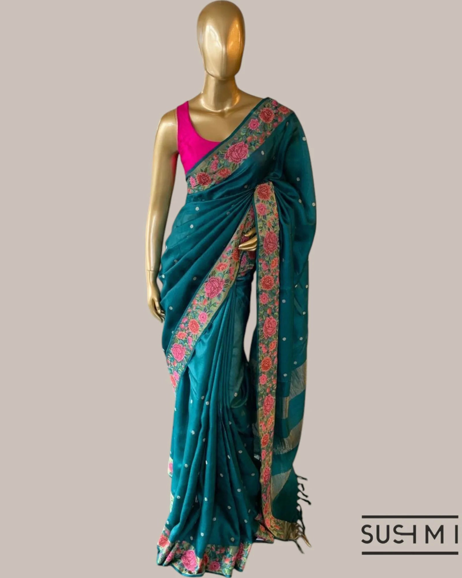 Peacock Blue Pure Tussar Saree with allover golden zari buti and Petite Point  e