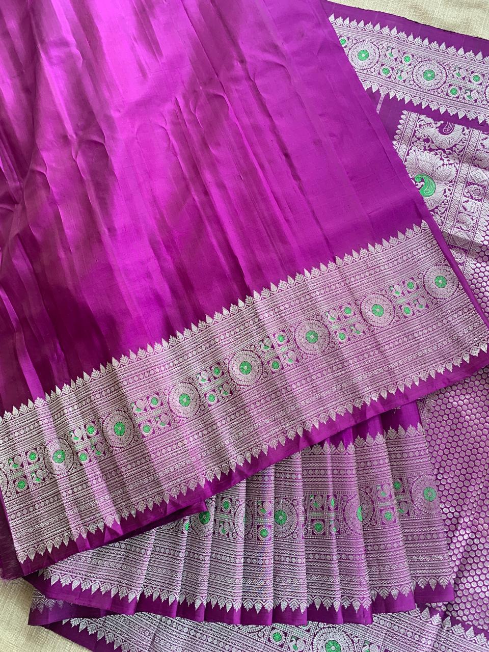 Violet Pure Handloom Gadwal Saree Turning Borders