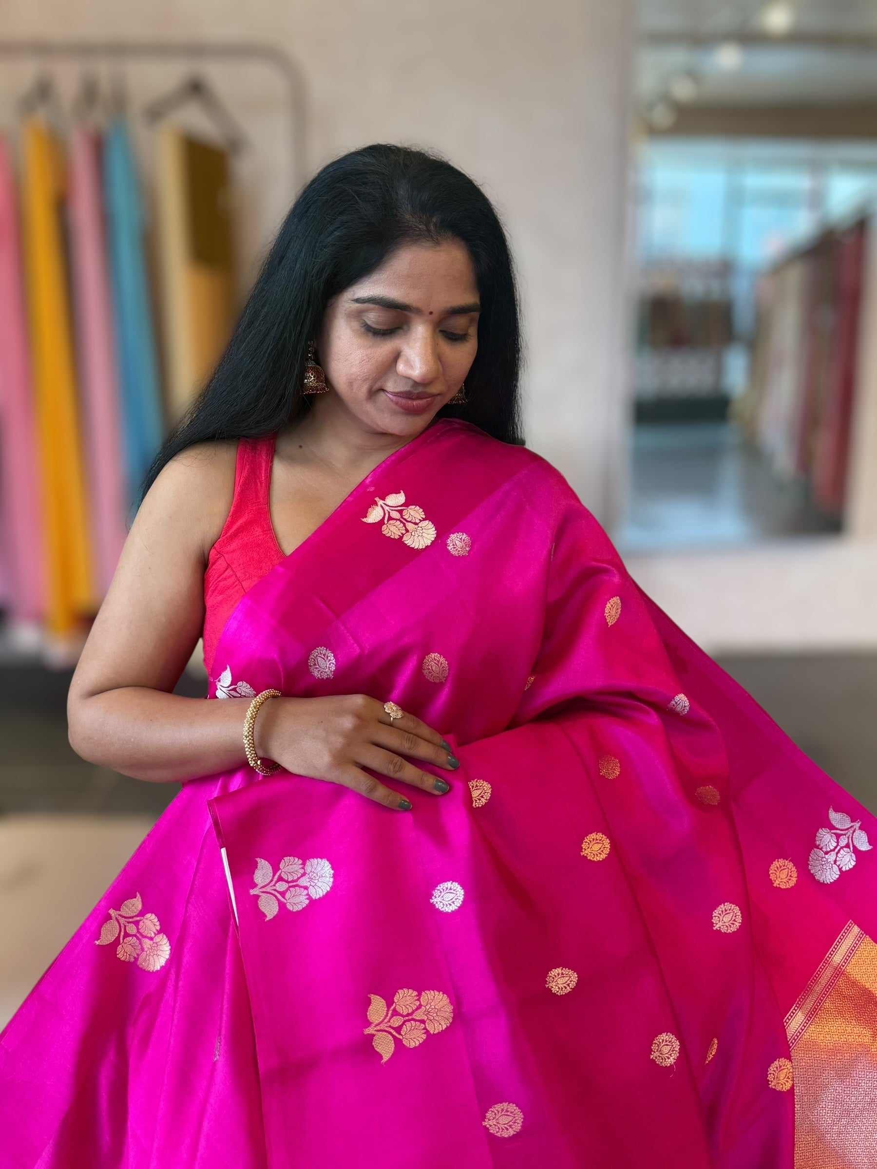Rani Pink Banarasi Raw Mango Silk Saree with Open Borders & Kaduwa Woven Motifs