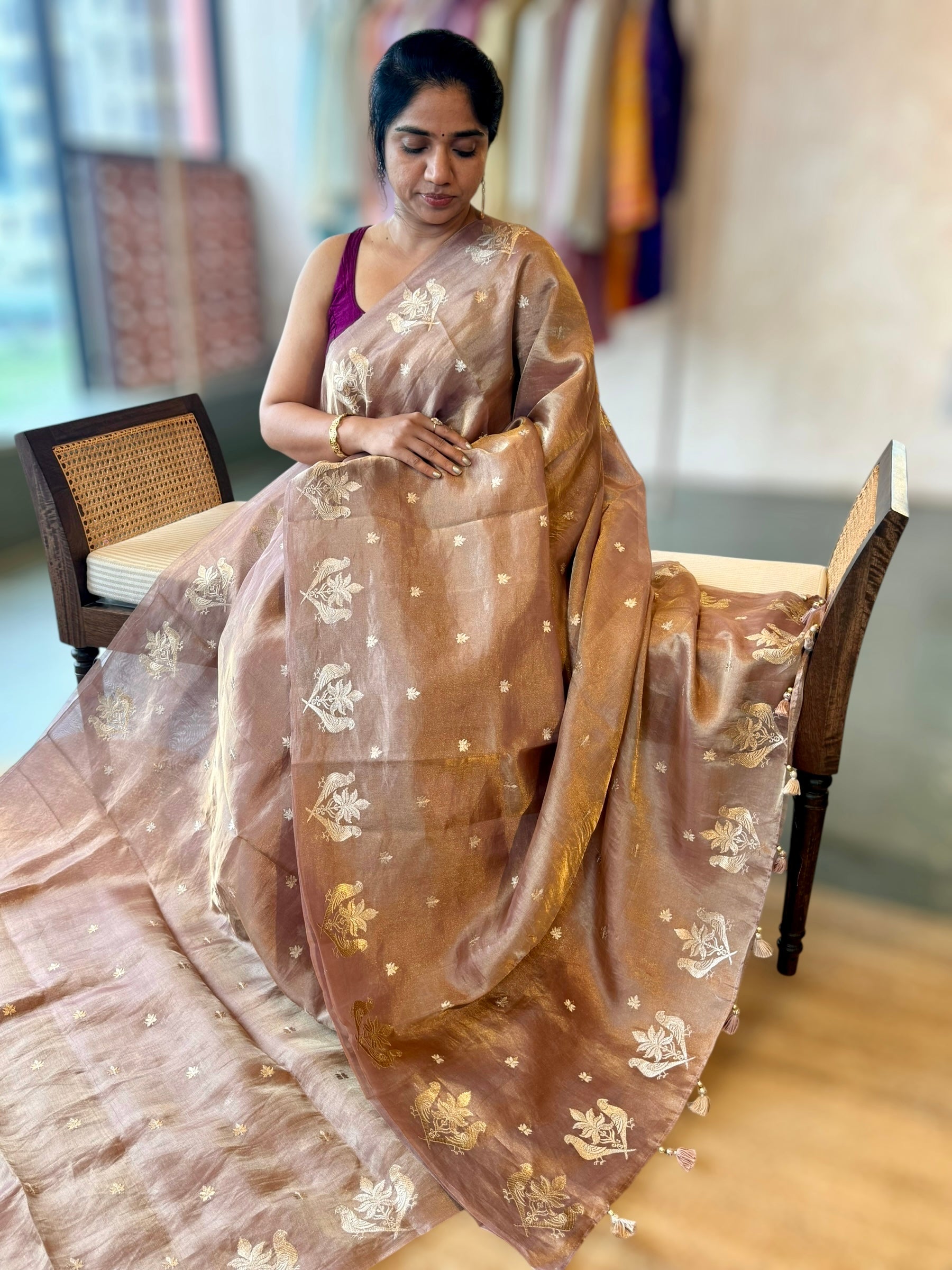 Honey Handloom Tissue Saree With Bird Embroidered Border & Stripes Tissue BP