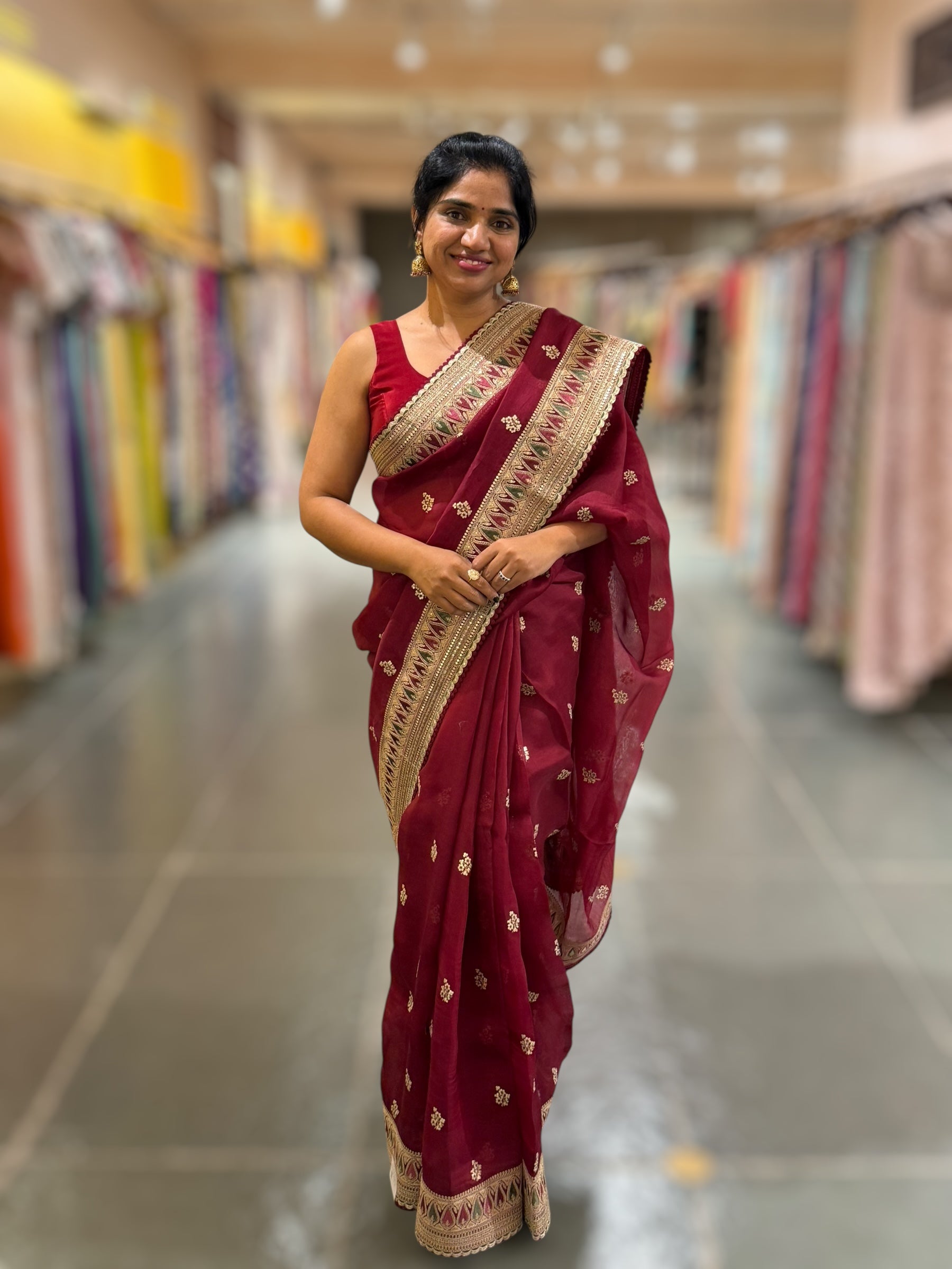Luxe Brgundy Organza Saree with Sabyasachi-Inspired Border & Blouse