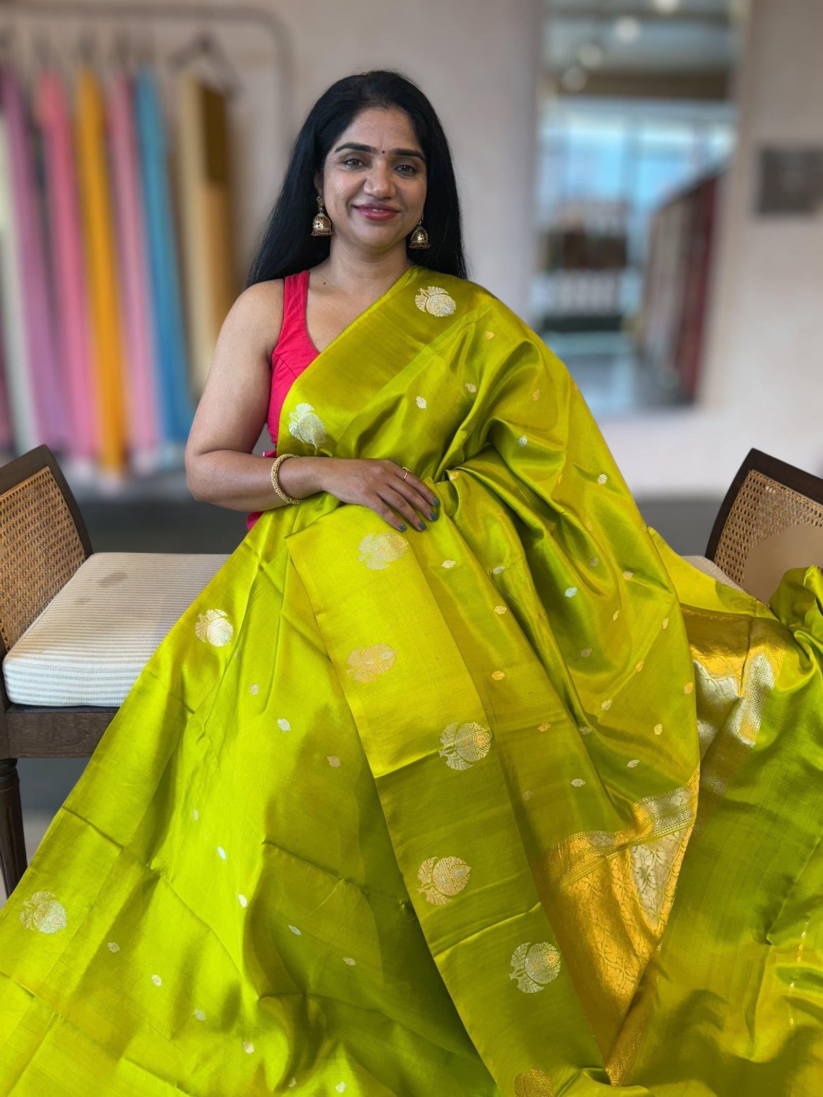 Neon Green Banarasi Raw Mango Silk Saree with Open Borders & Kaduwa Weaving