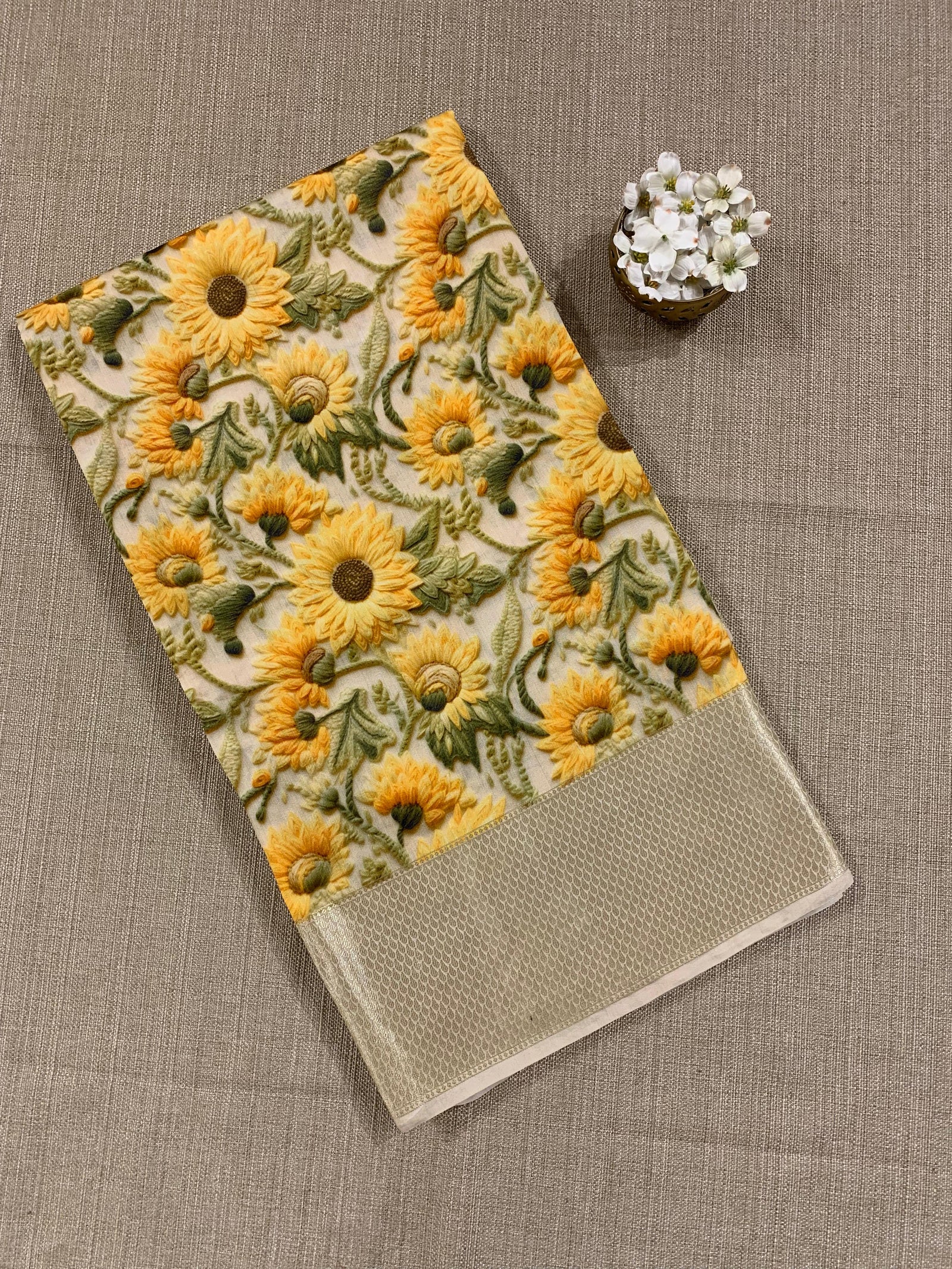 Banarasi Chiniya Silk Sarees with beautiful embroidery style 3D floral Print