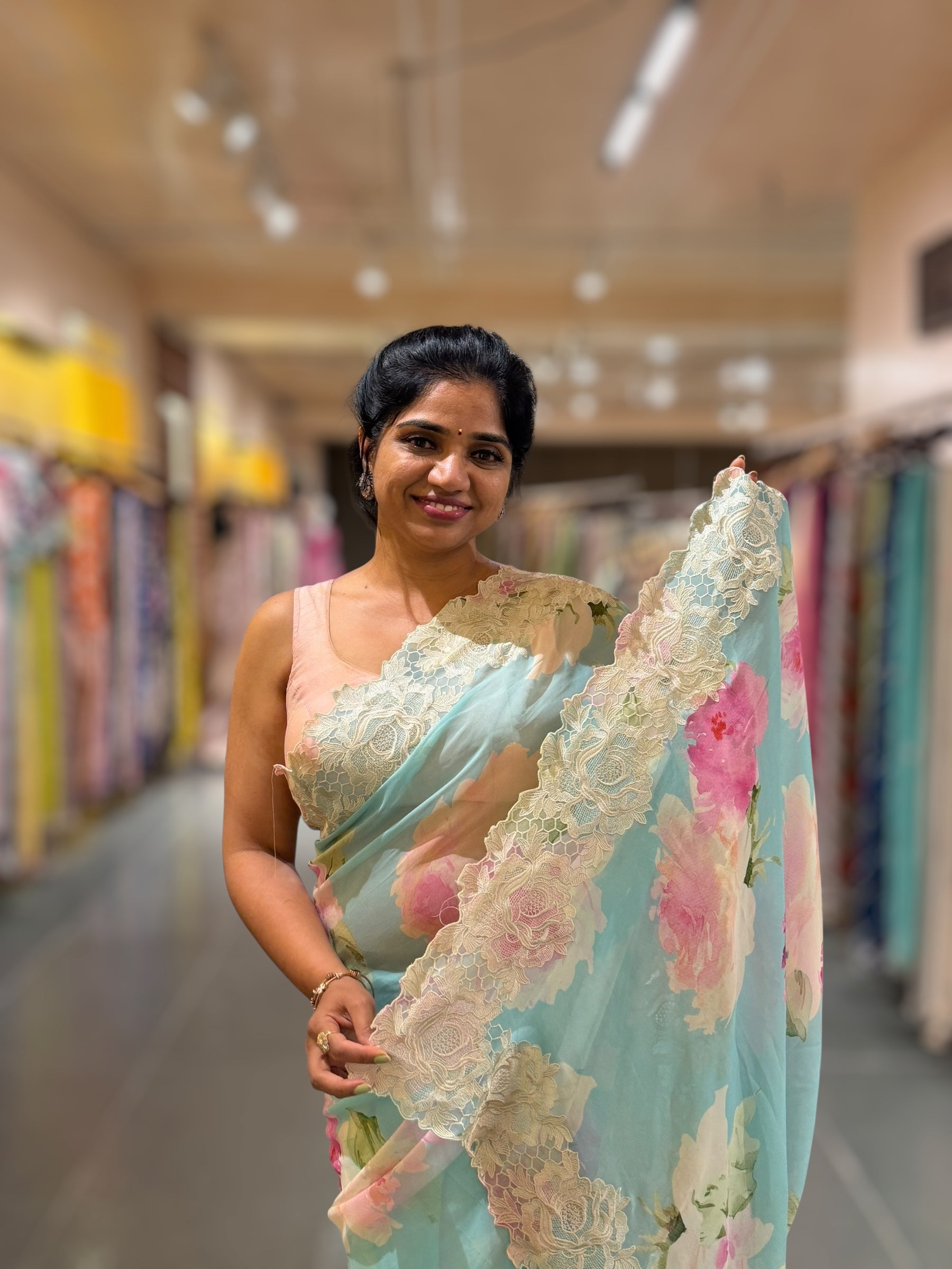 Light Blue painting Style Printed Gorgette Saree With Cutwork Lace Border