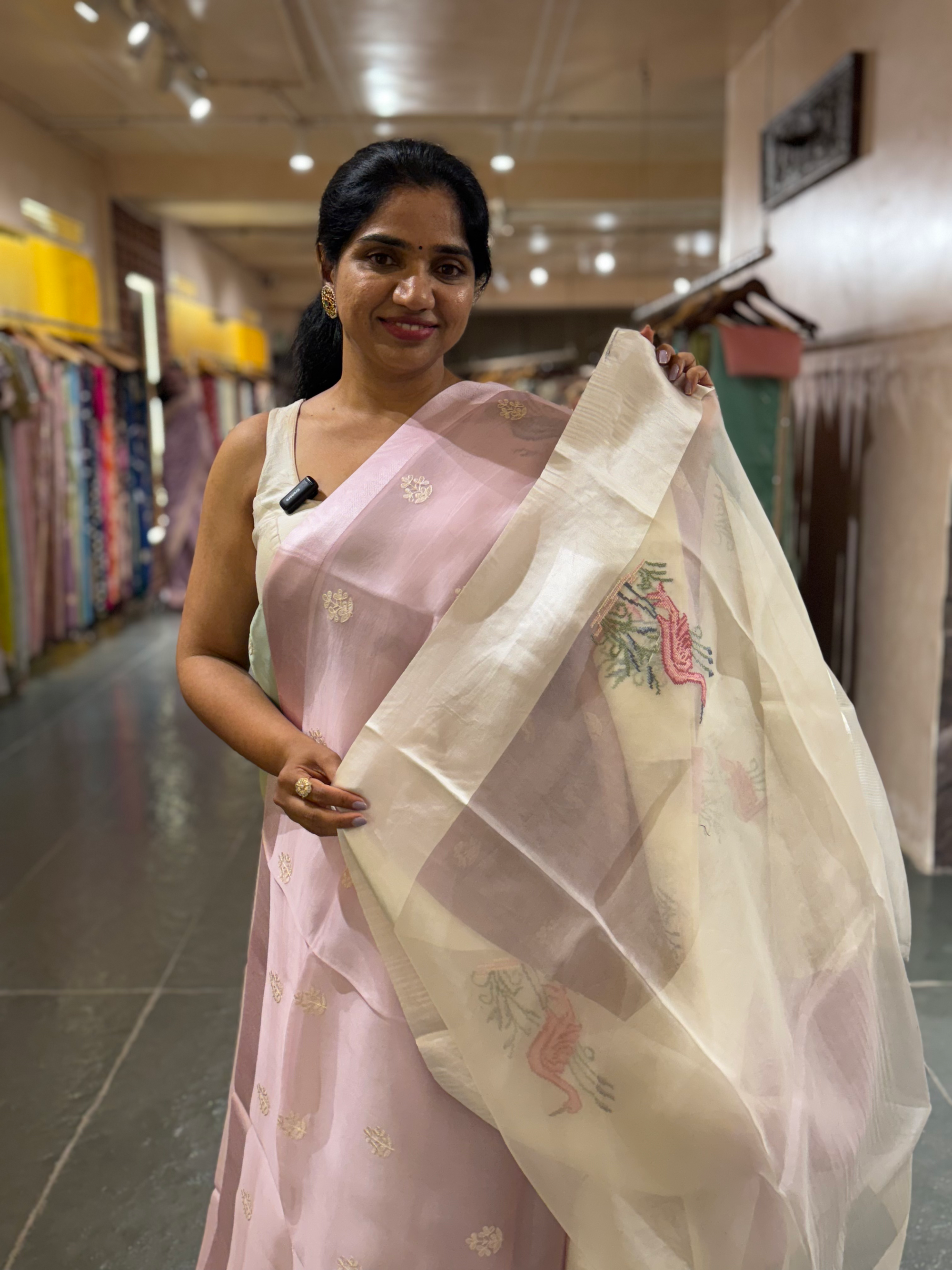 Pink Pure Organza Silk Saree with Petite Point Embriodered Swans Mashru Borders
