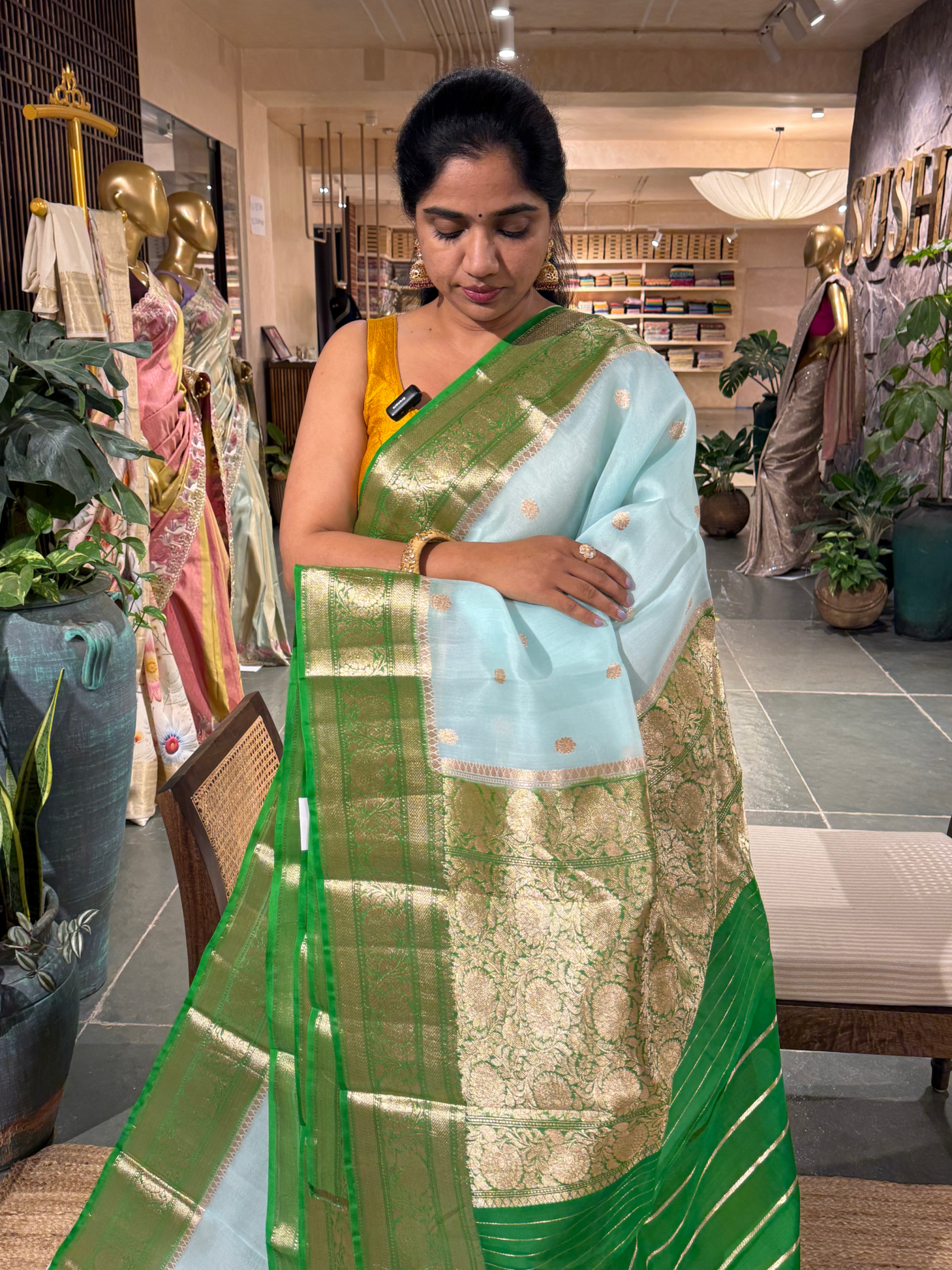 Sky Blue & emerald Green Combo Pure Handloom Kora Banarasi Saree
