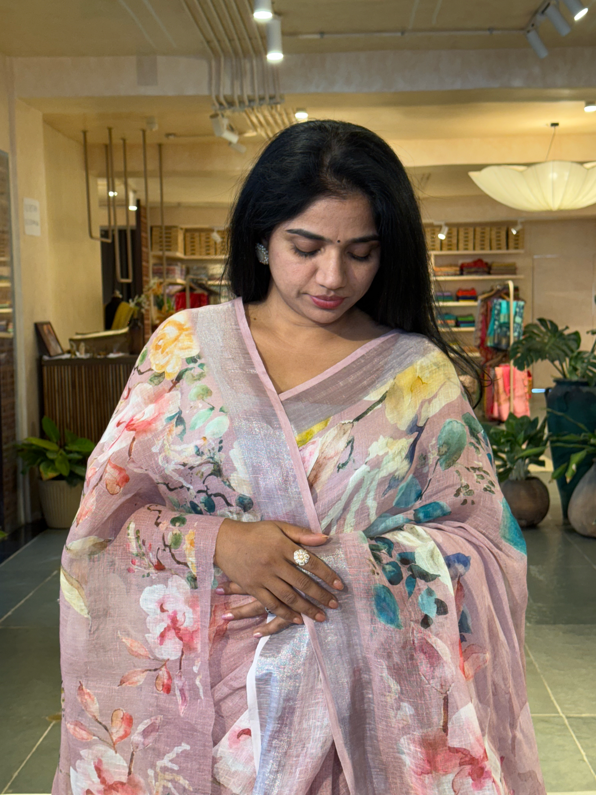 Dusty Pink Pure Handloom Lenin Printed Sarees With Silver Zari Border