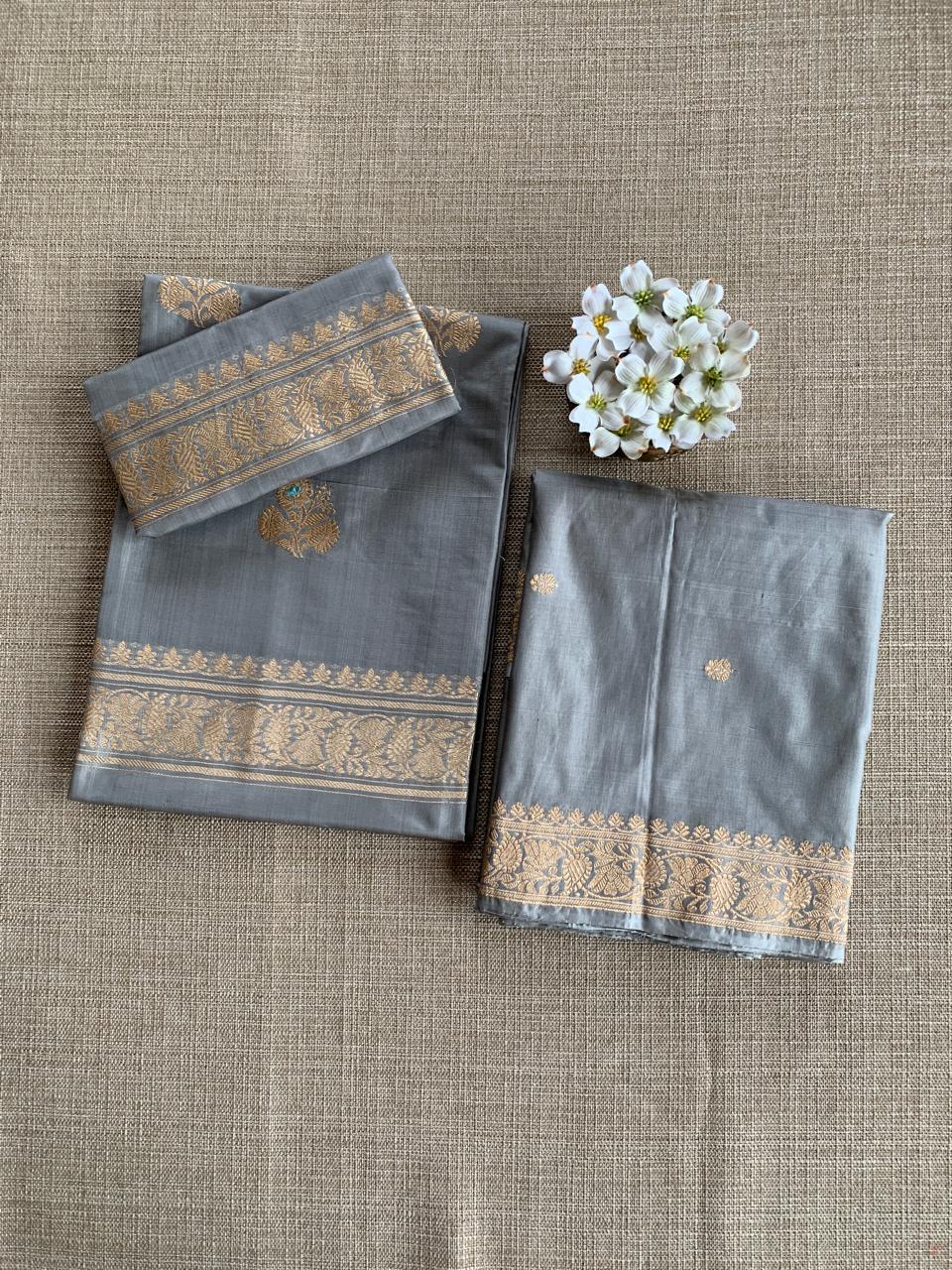 Grey Pure Handloom Katan Silk  3 pc Suit Set with  kaduwa weaving