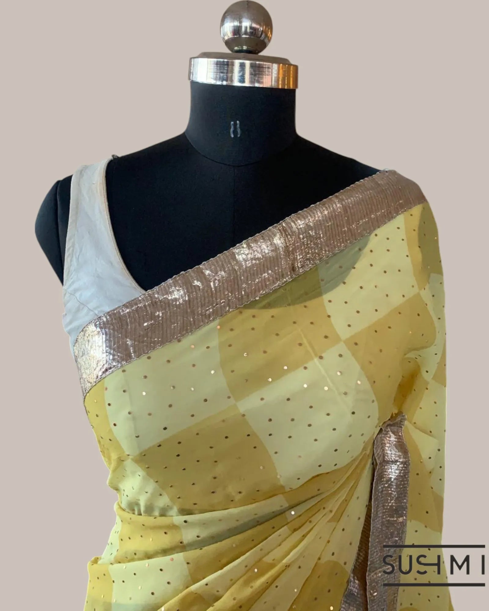 Pure Gorgette Saree in Checks Pattern , Allover Seuence & Hemlined Wth Gota lace