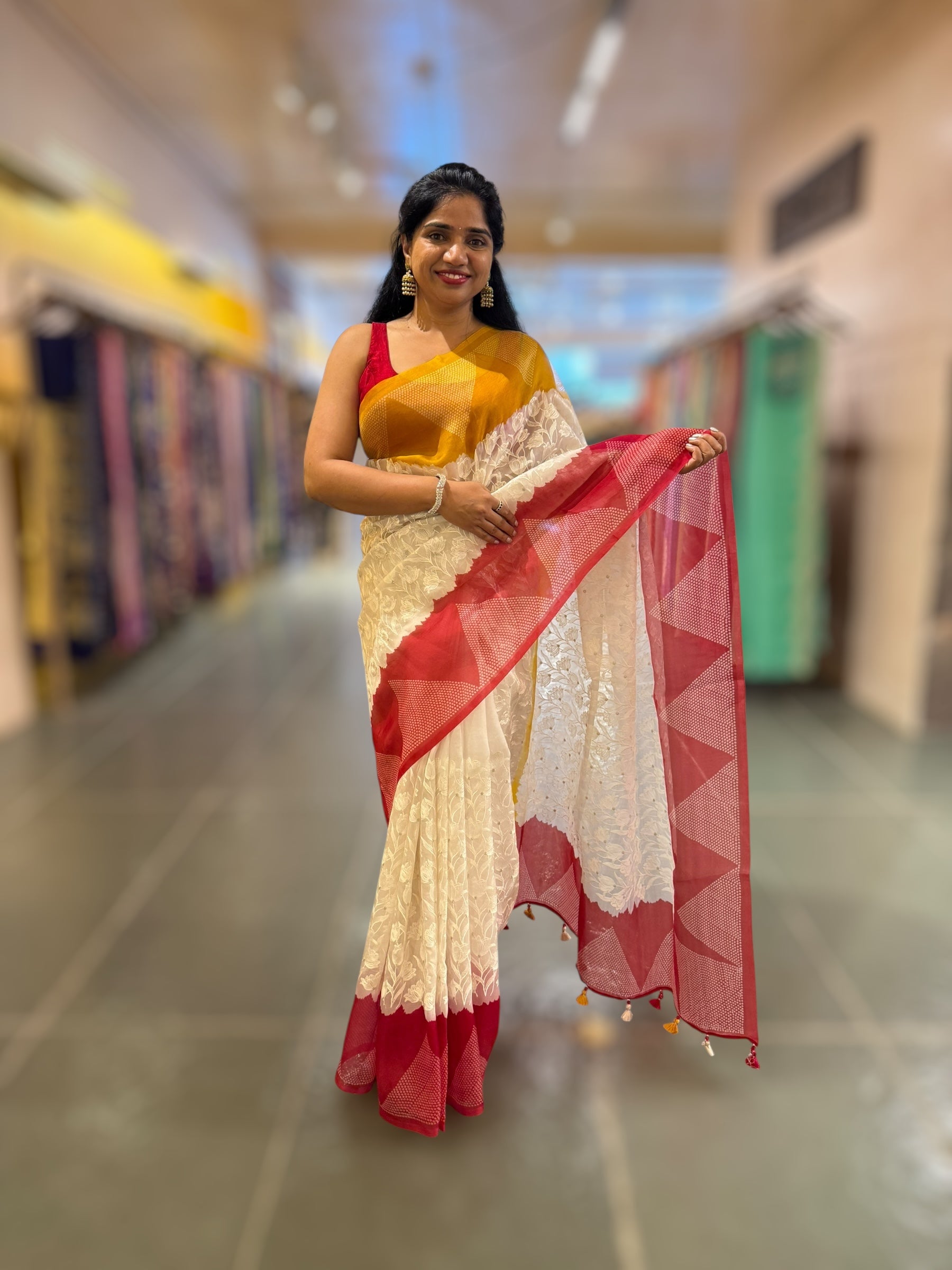 Organza Chikankari Embroidery Saree With Ganga Jamuna Bandhini Temple Borders