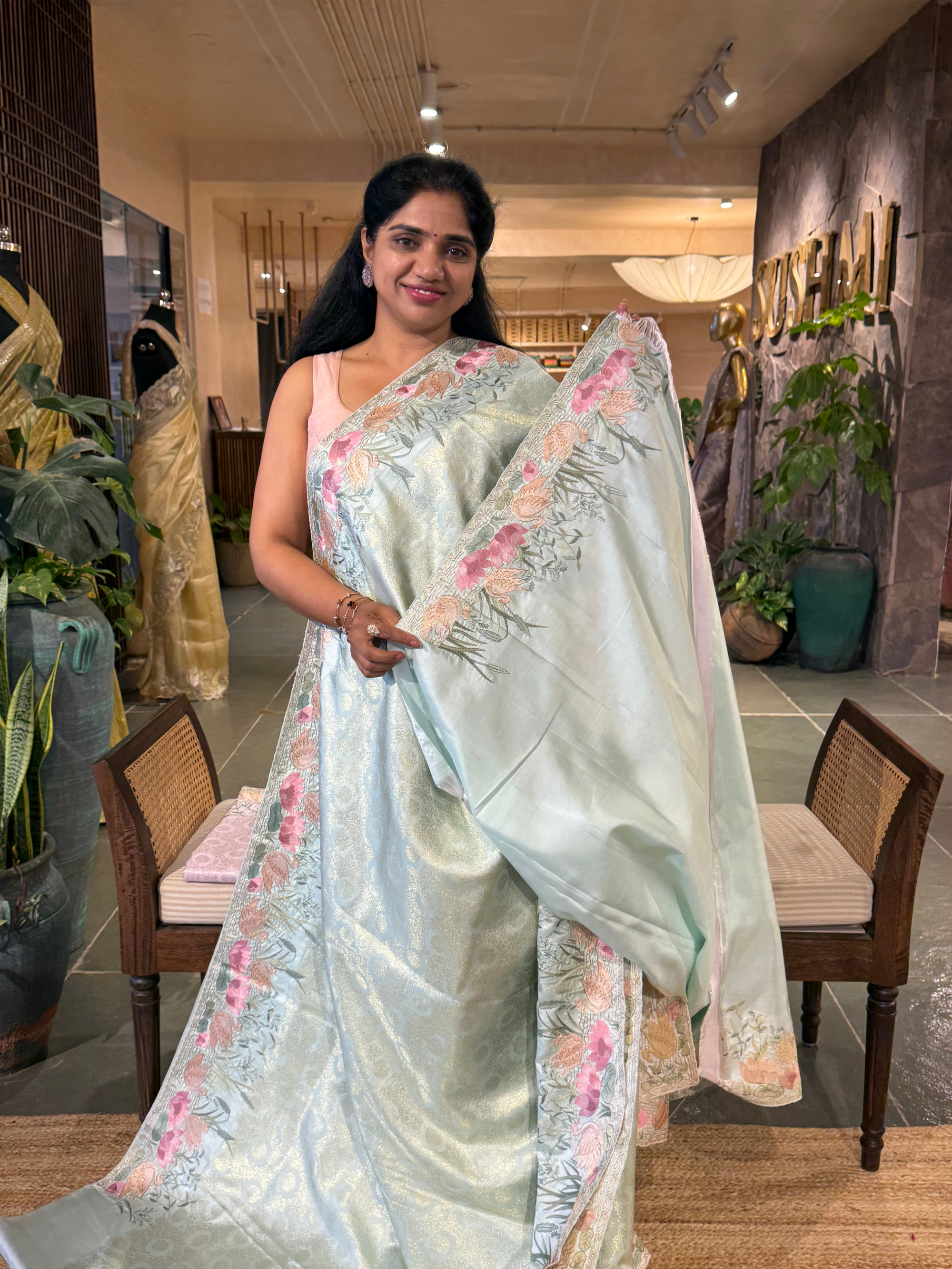 Mint Kanjeevaram Brocade Saree Beautiful Pond Theme Embroidered Border.