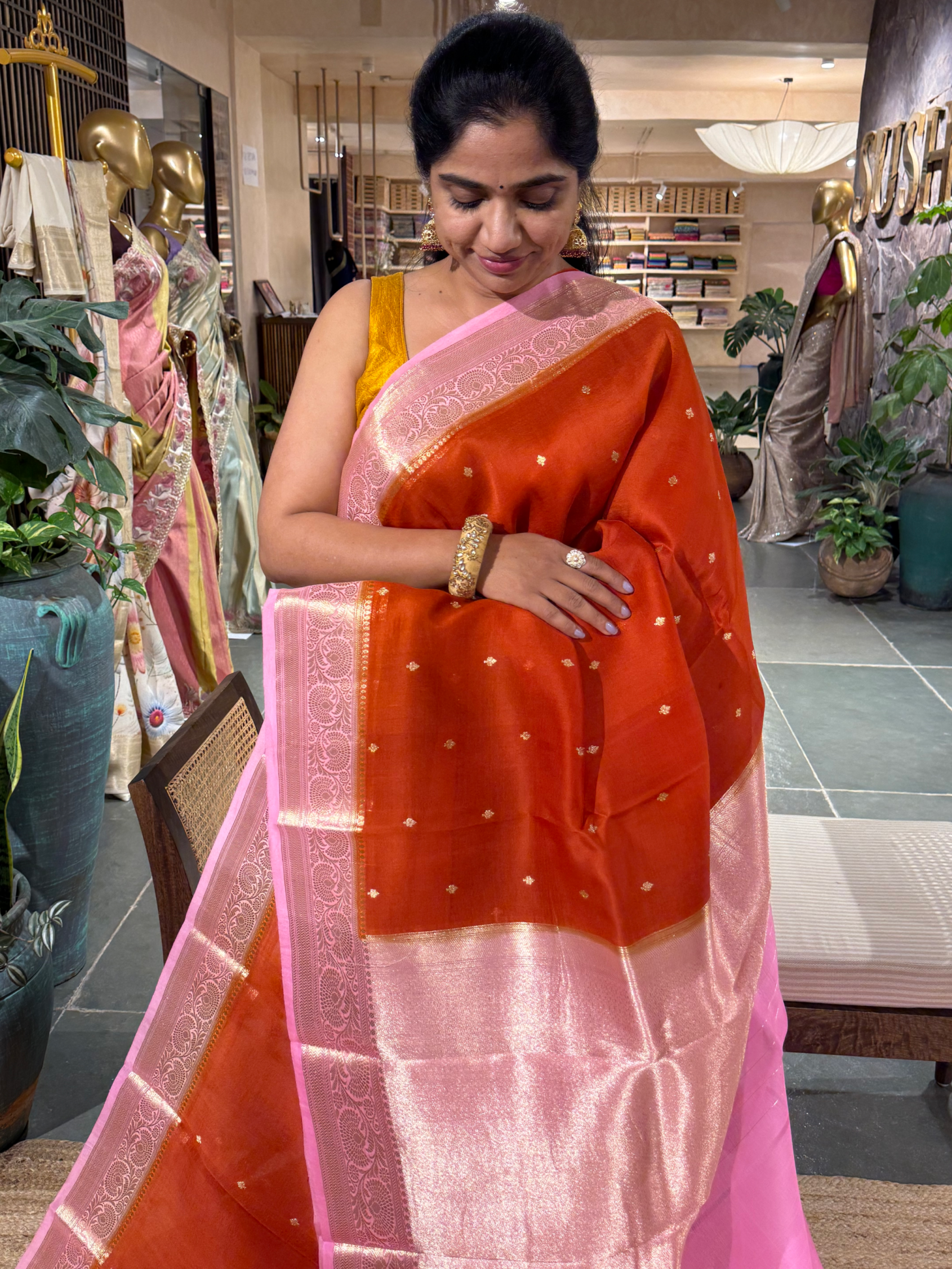 Burnt Orange and Baby Pink Combo Pure Handloom Kora Banarasi Saree