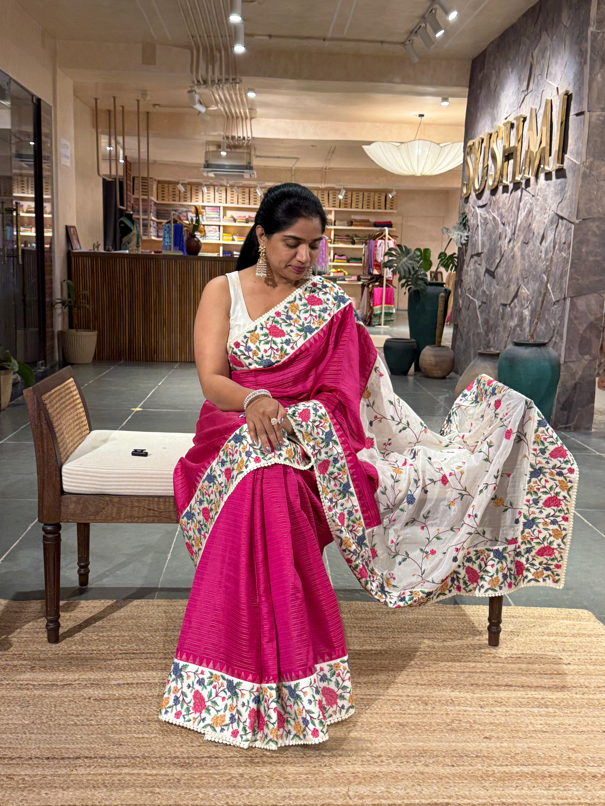 Dark Pink Soft Silk Saree with Petite Point Embroidery