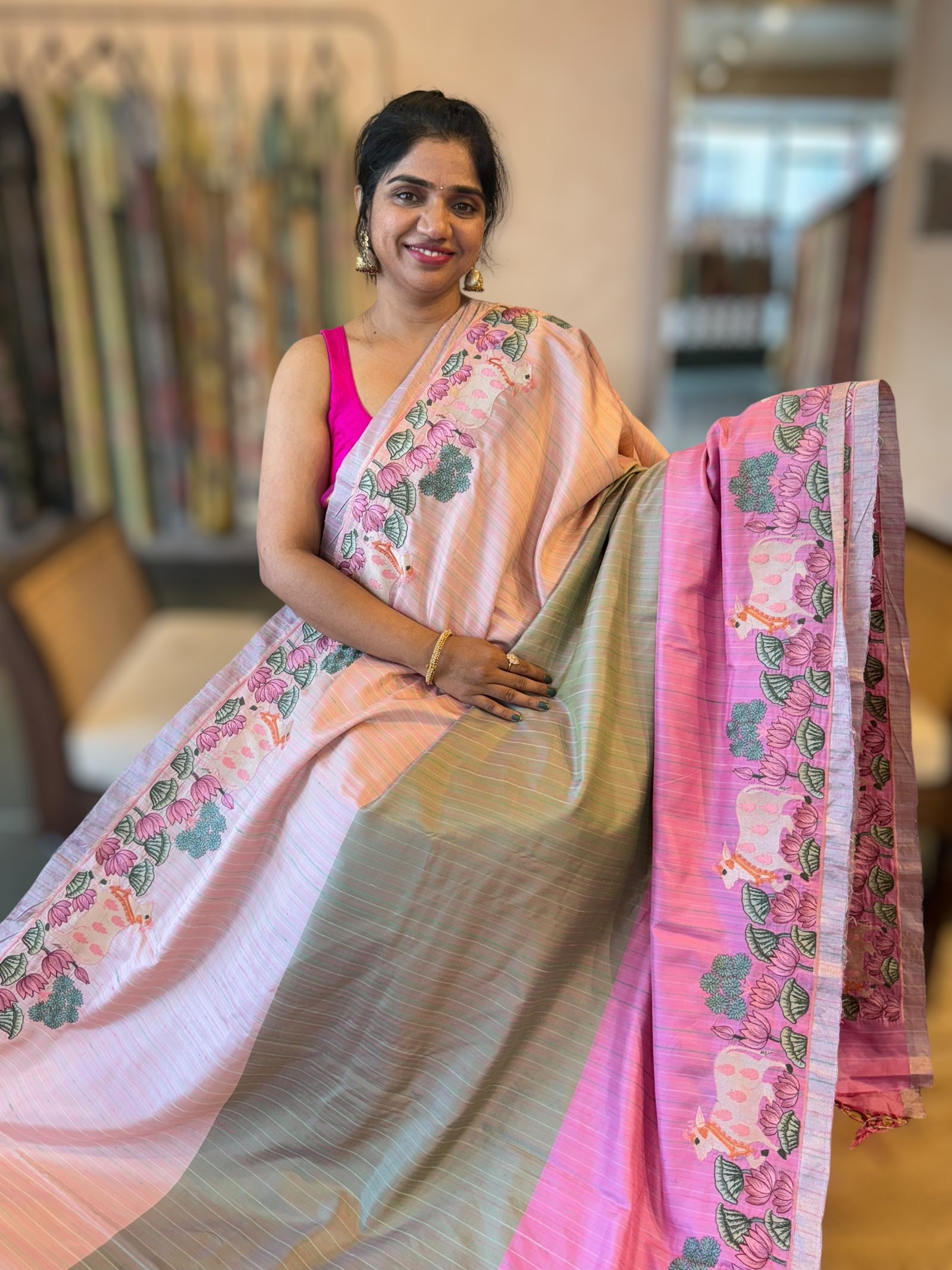 Kanchi Silk Saree in Tricolor With Beautiful Pichwai Embroidered Border