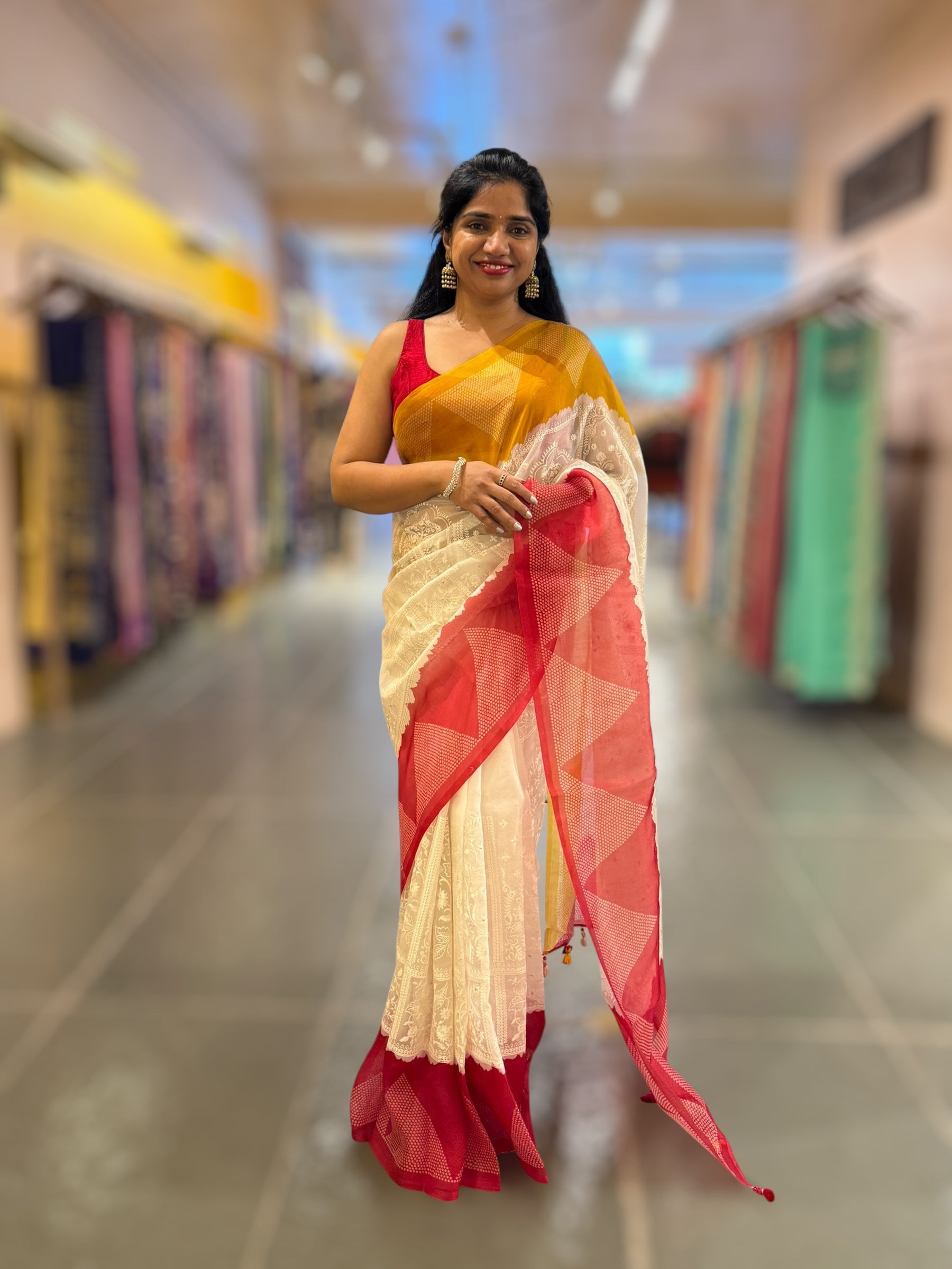 Organza Chikankari Embroidery Saree With Ganga Jamuna Bandhini Temple Borders