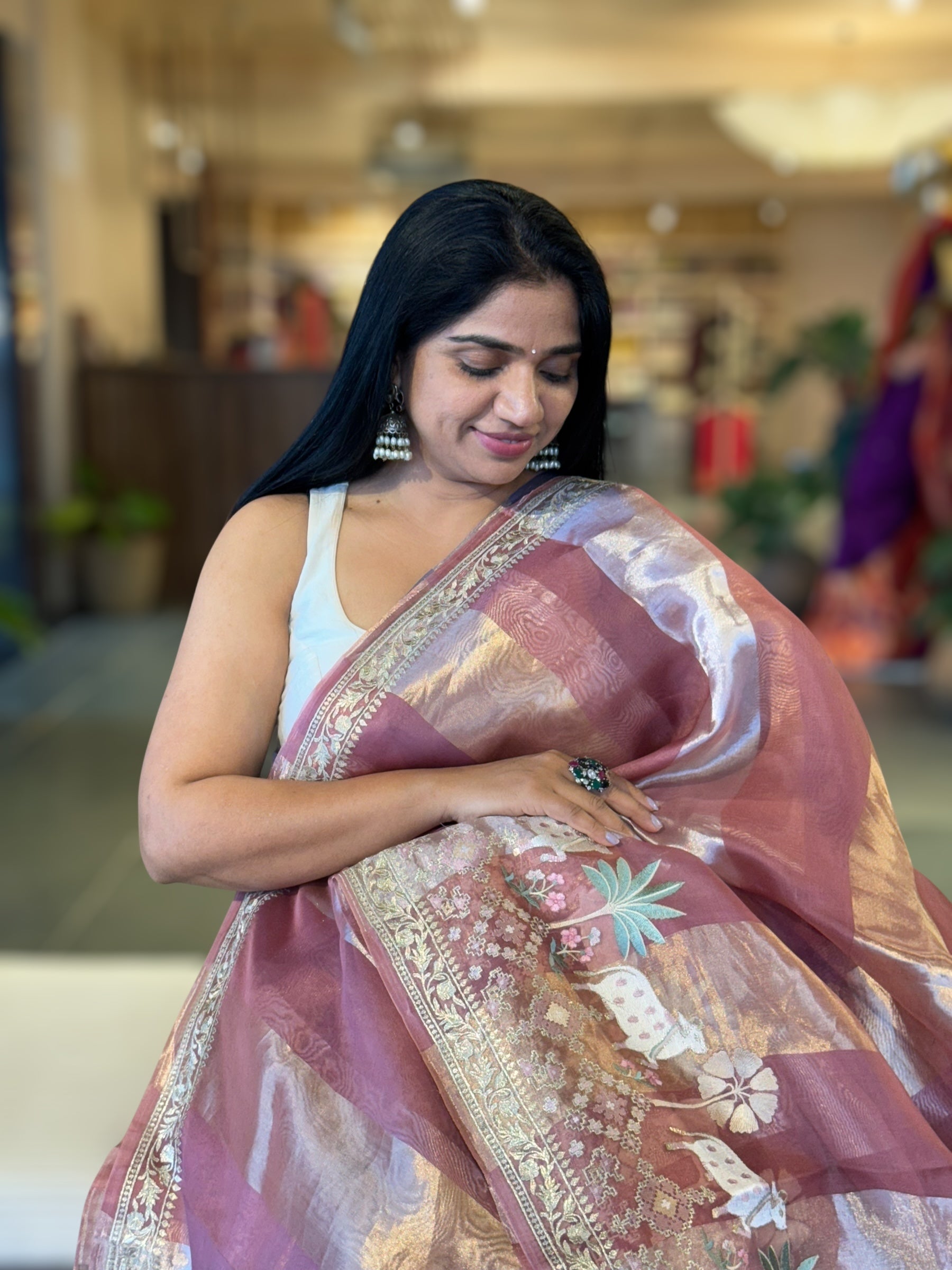 Onion Pink Kora Tissue Stripes Saree With Jamdani  & Pichwai embroidered Border