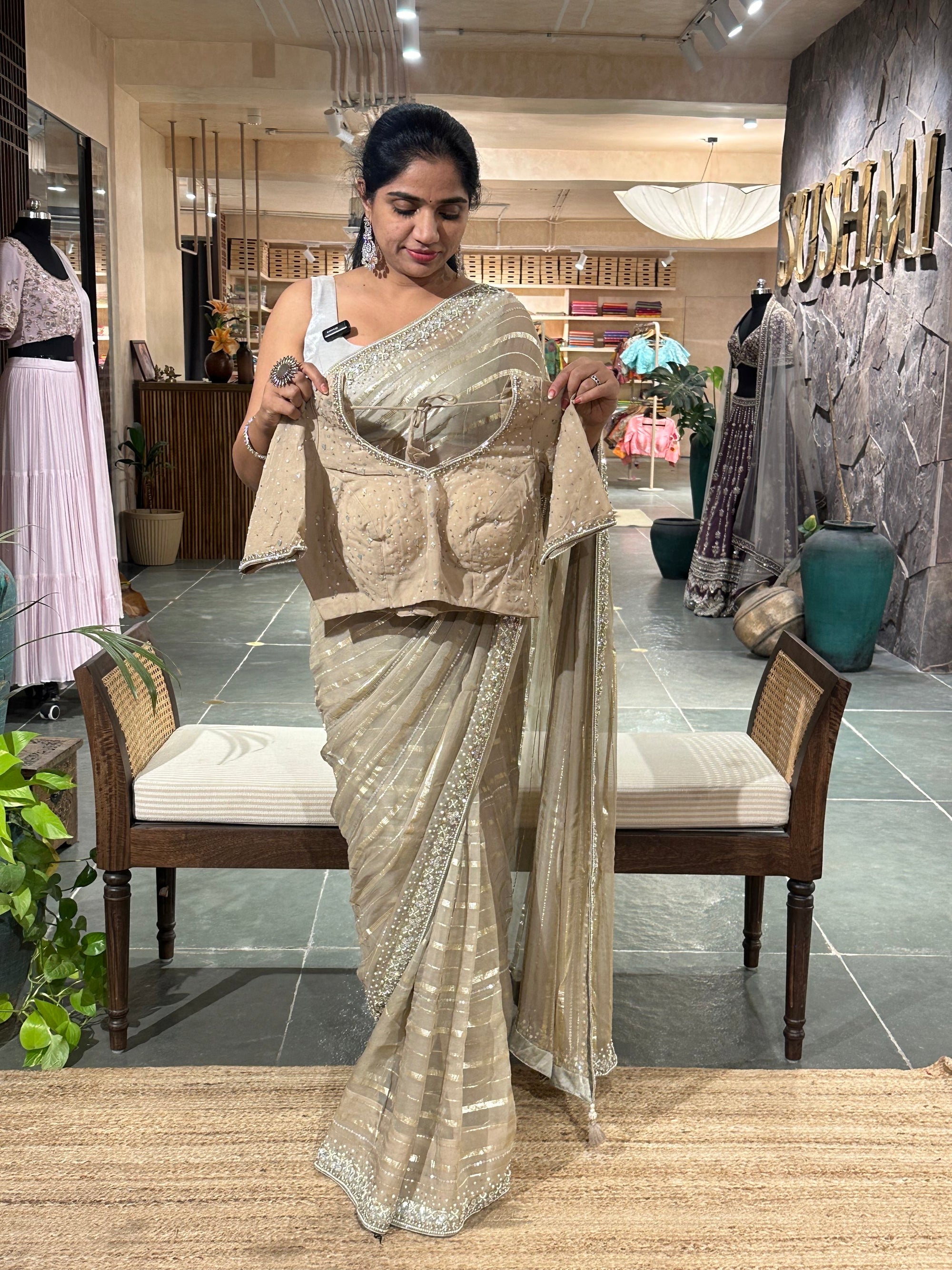 Earthy Tone Chiffon Handwork Saree with stitched happy iblouse