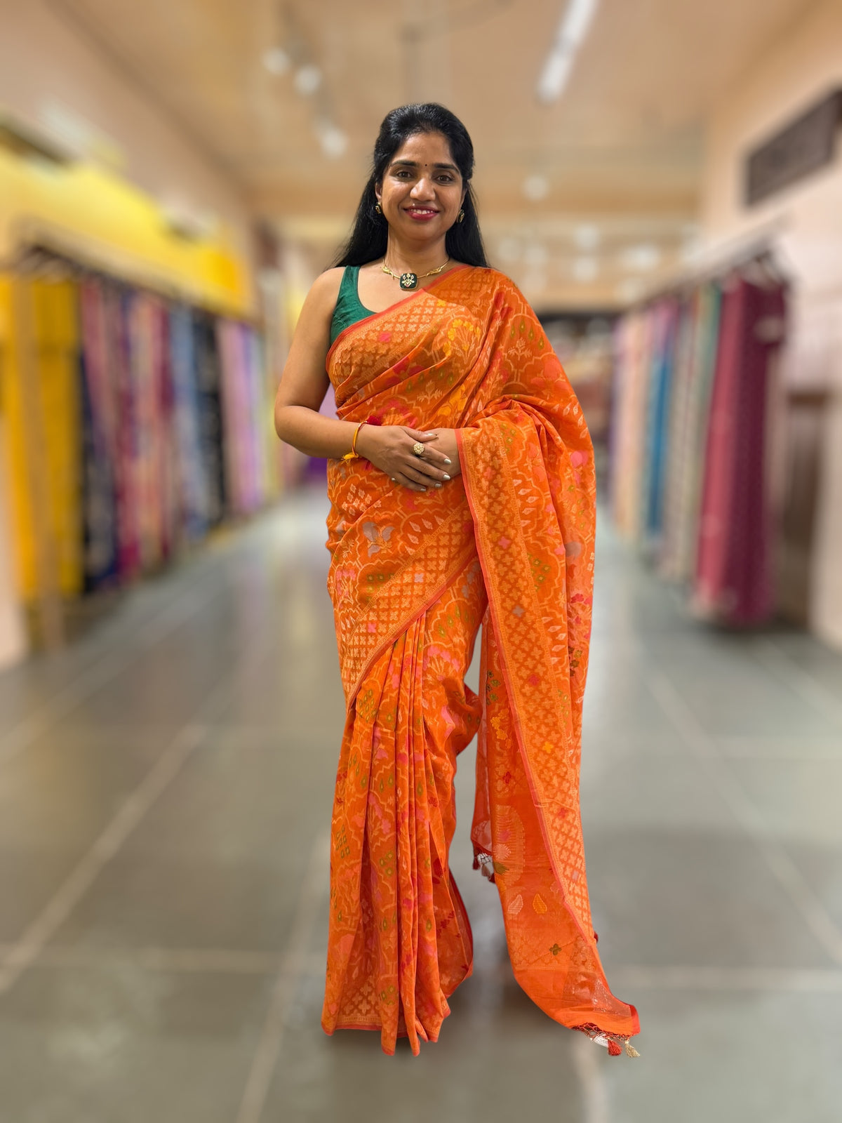 Orange Banarasi Cotton Jamdani Saree With Meenakari Weaving
