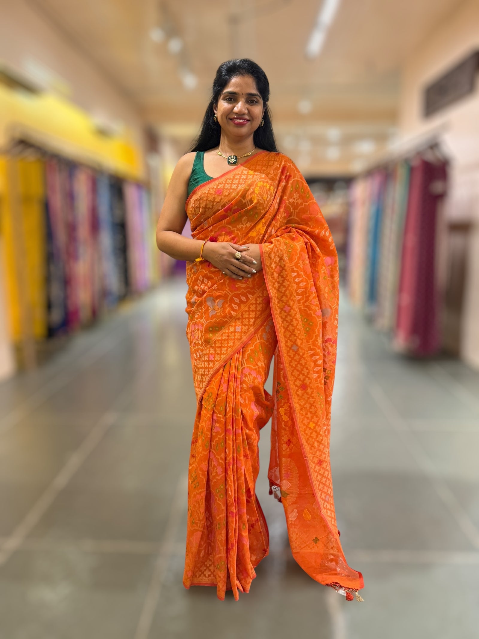 Orange Banarasi Cotton Jamdani Saree With Meenakari Weaving