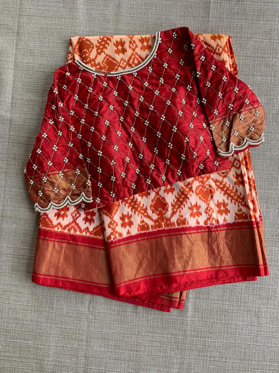 Pure Handloom Twill Ikkath Patola Saree With Khaddi Border & Handwork Blouse