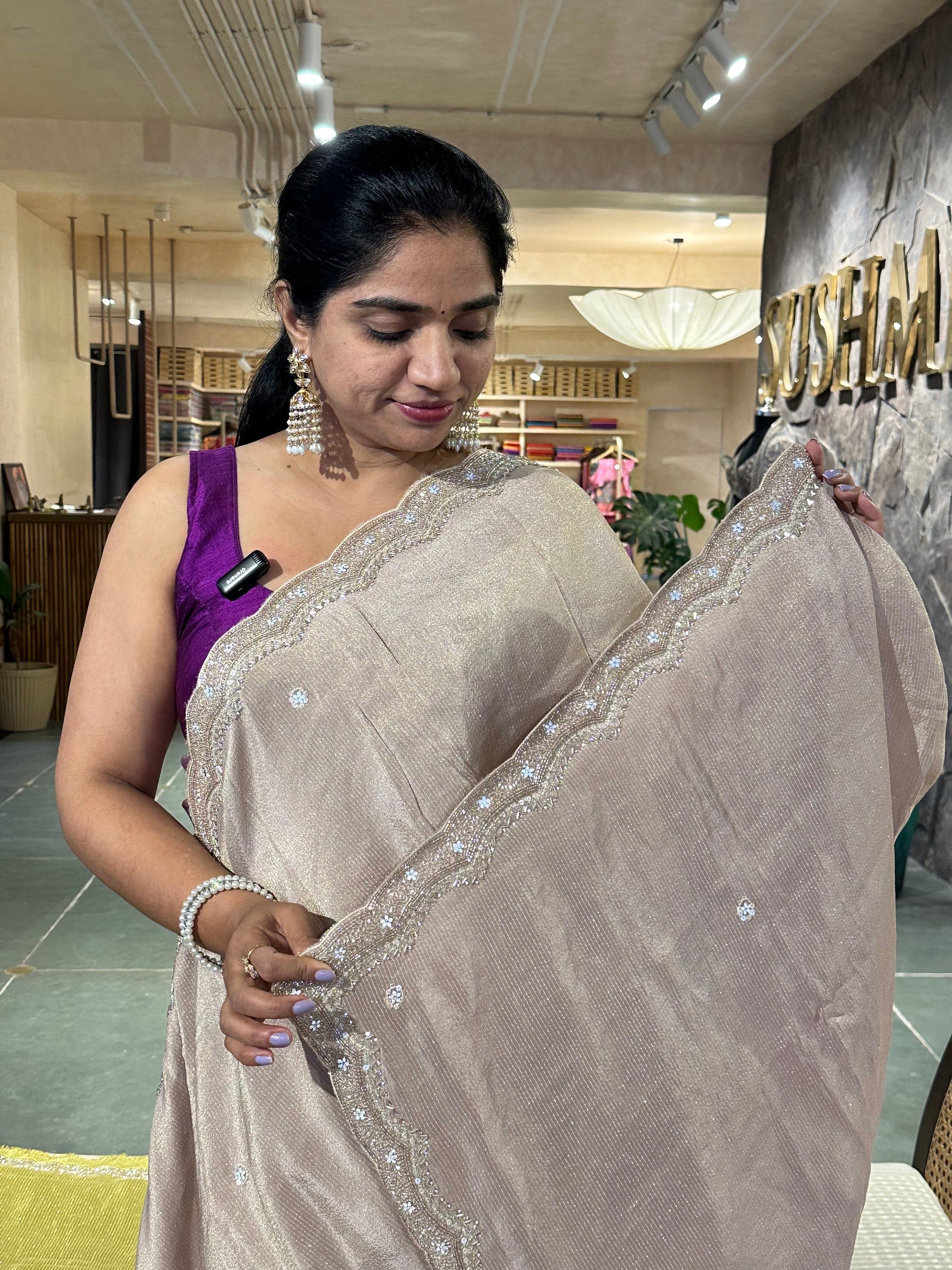 Beige Tissue Gorgette Saree with heavy scalloped handworked border and blouse