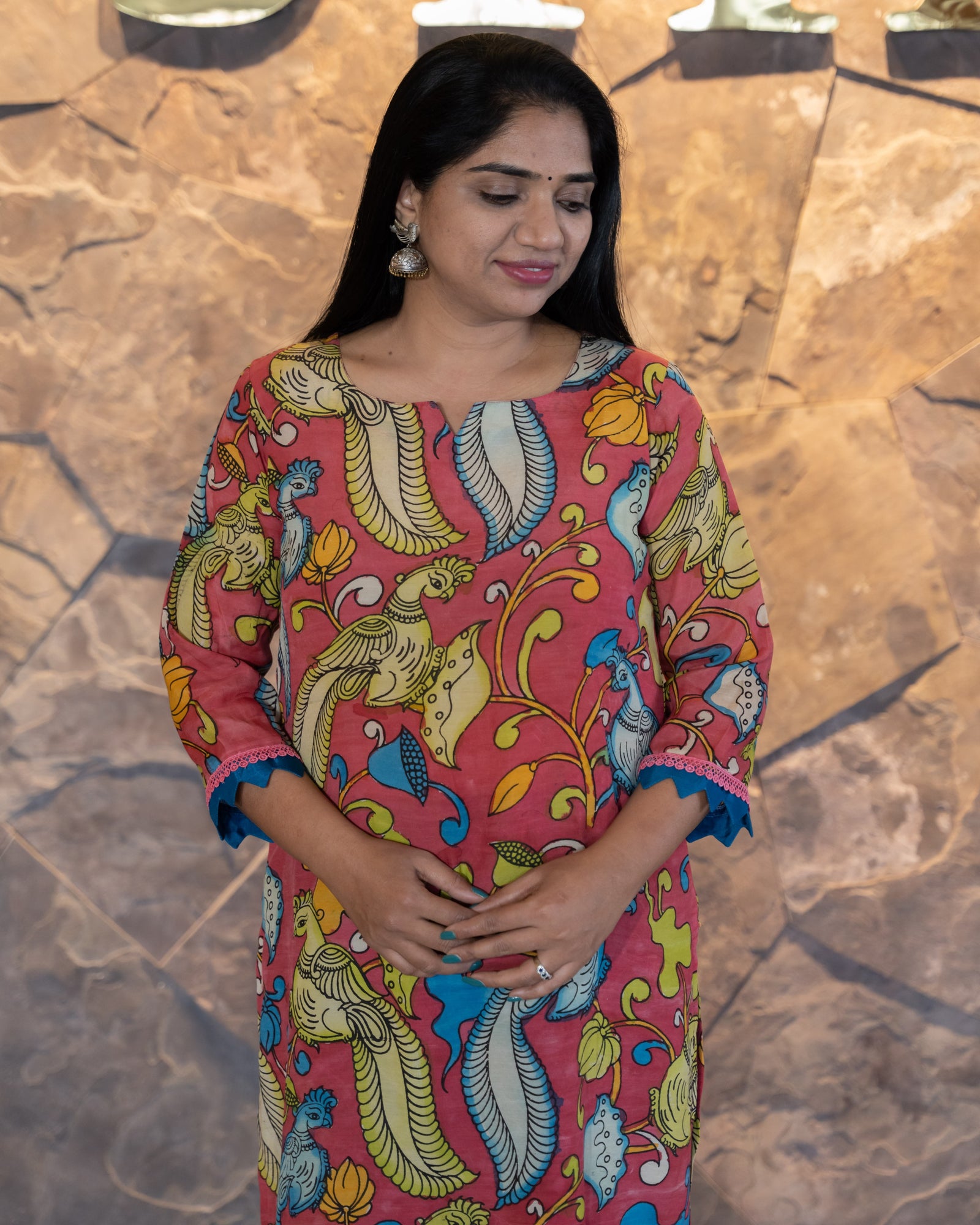 Statement Peacock Pen Kalamkari Silk Coordset