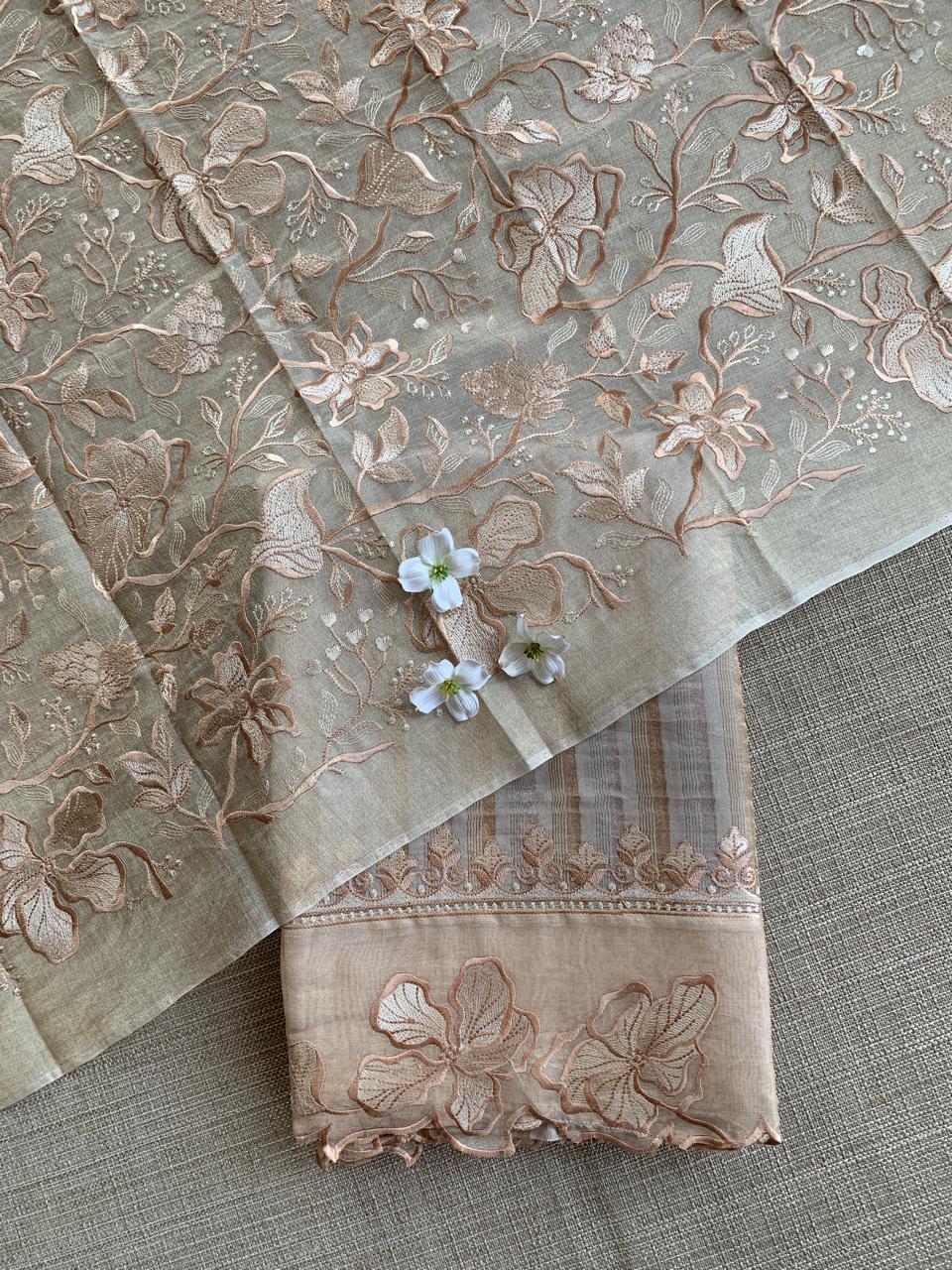 Earthy tone Mul Tissue Stripes Saree With Tissue Cutwork  Border & Blouse
