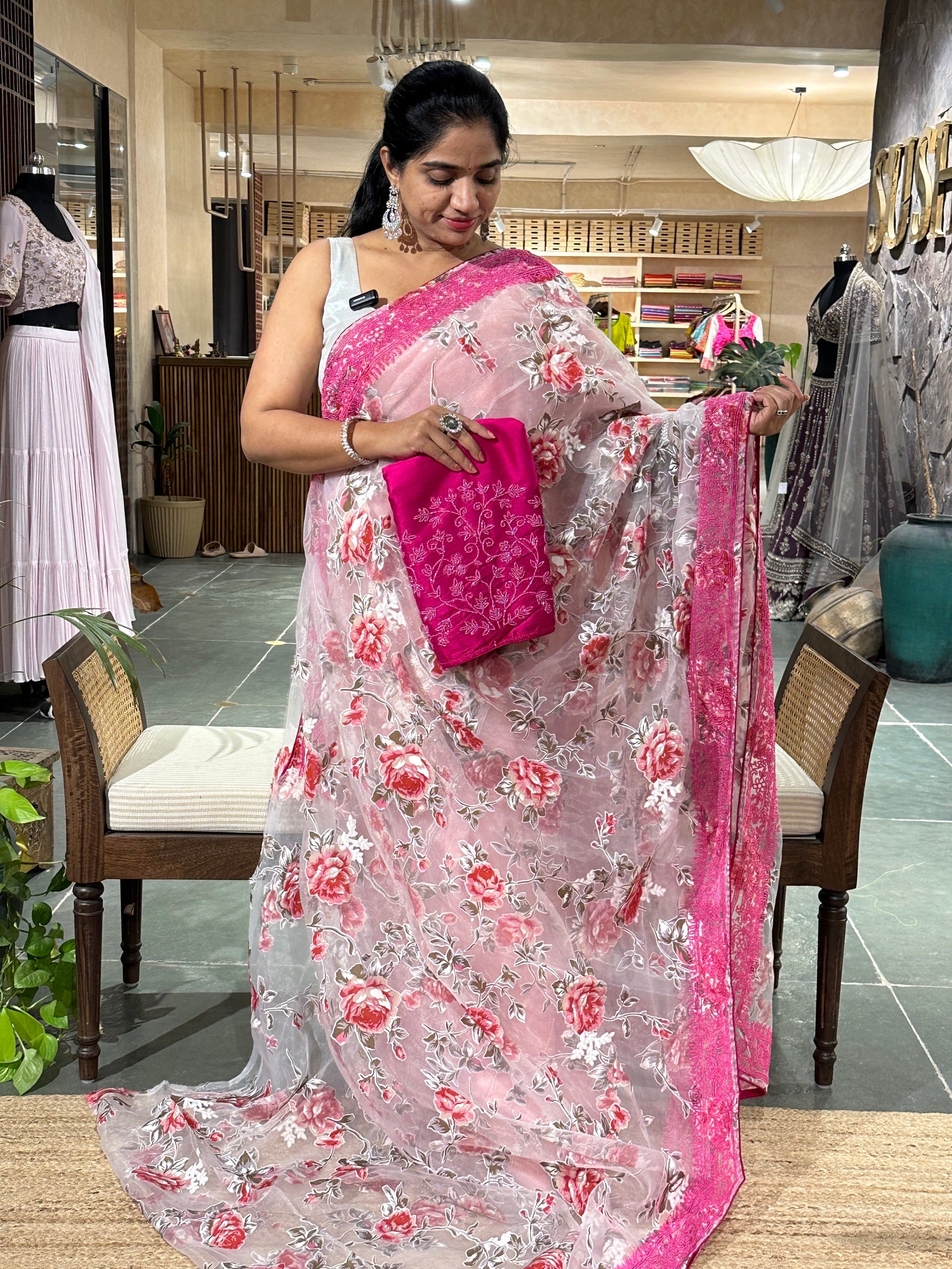 Glass Organza Floral printed Saree with heavy beadwork border and blouse