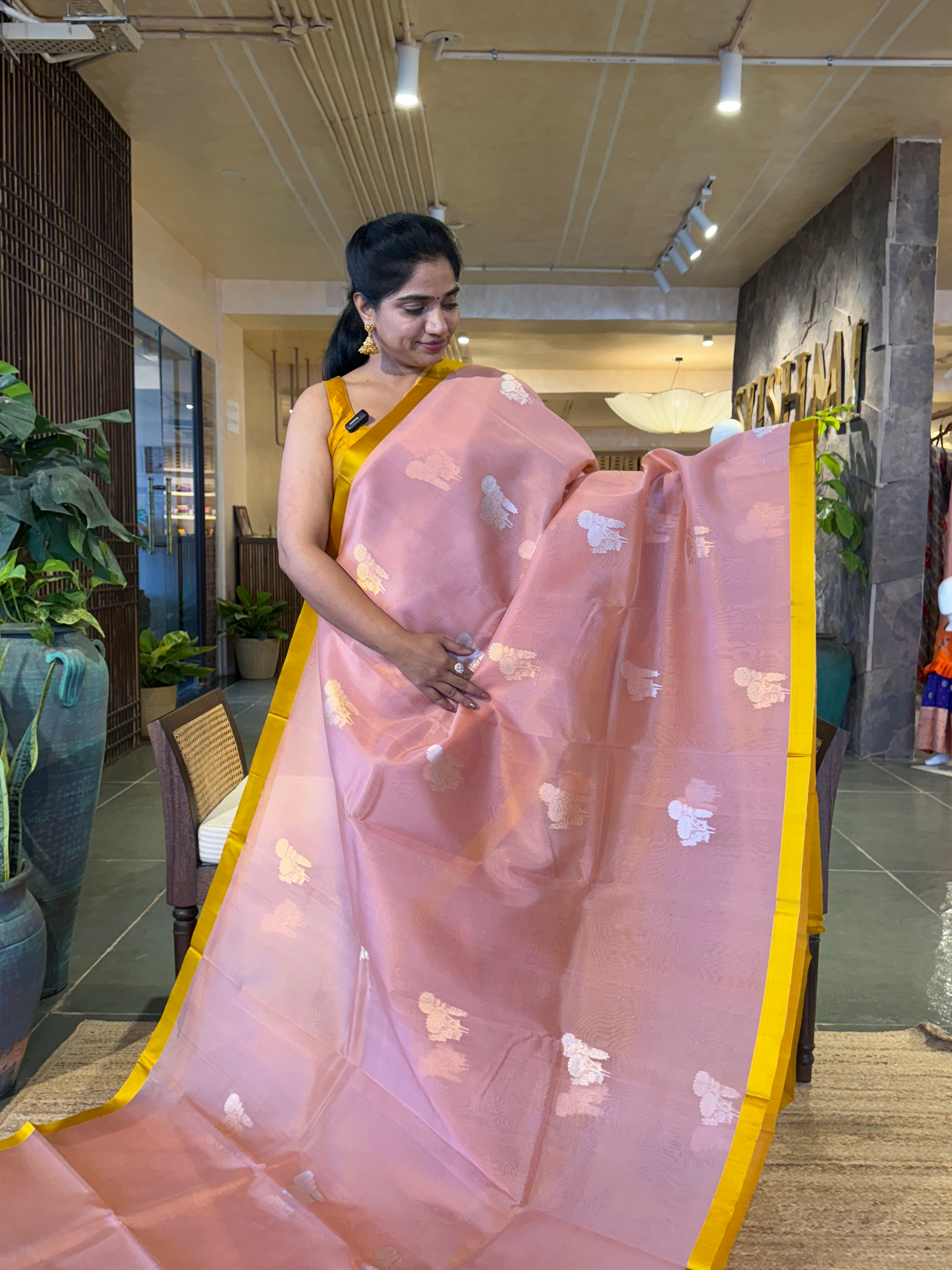 Peach Pink Pure Handloom kora banarasi saree with contrast Mashru  Silk Border