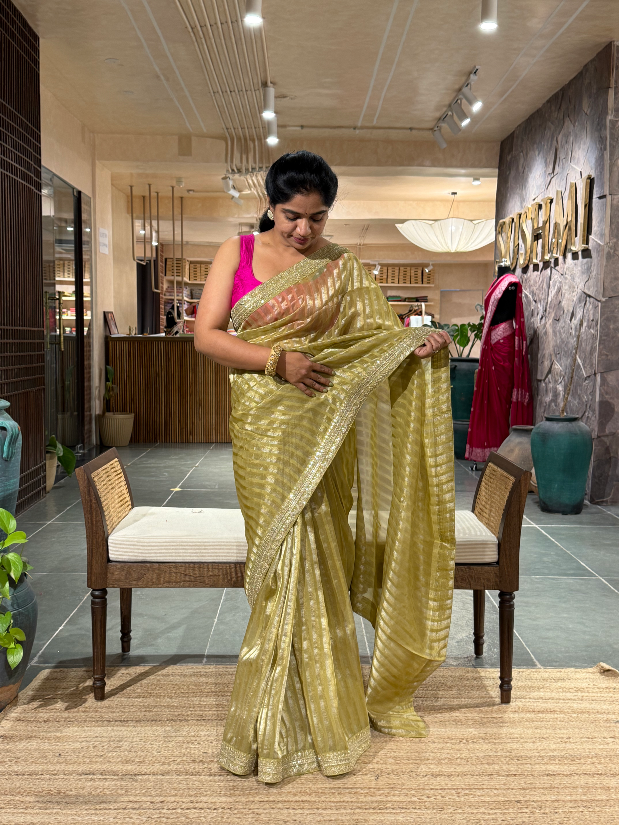 SKTSA601 : Pista Kora Tissue Stripes Saree wth Sabhyasachi borders & Blouse